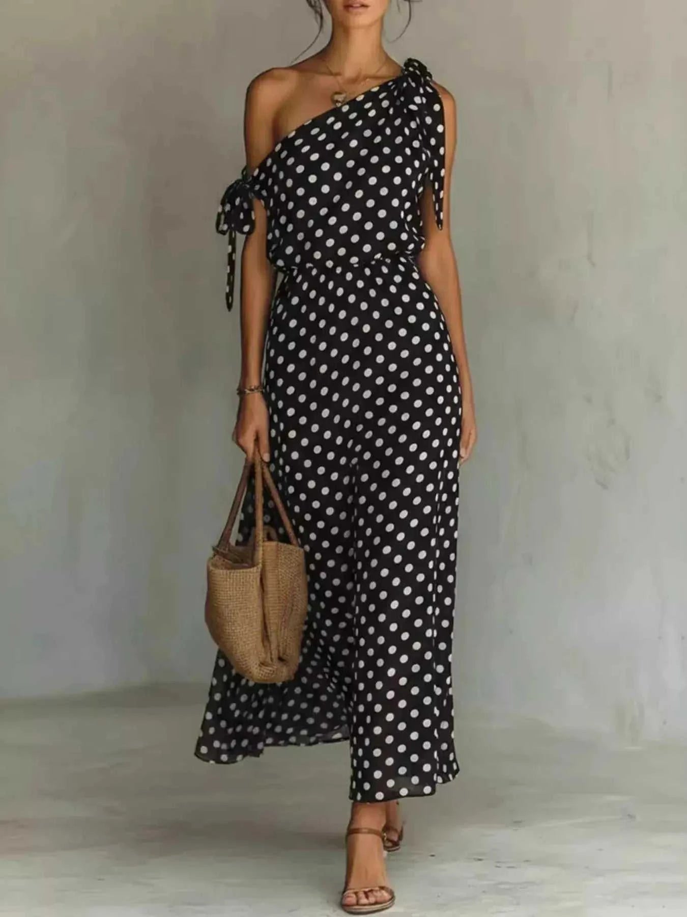 Full Size Polka Dot One-Shoulder Maxi Dress Plus Size - GlowUp Garments