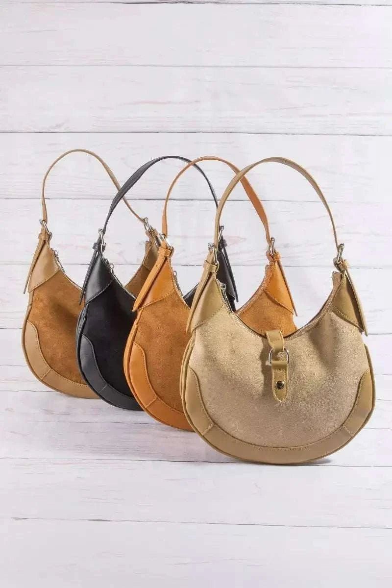 Leather Accent Suede Crescent Shoulder Bag - GlowUp Garments