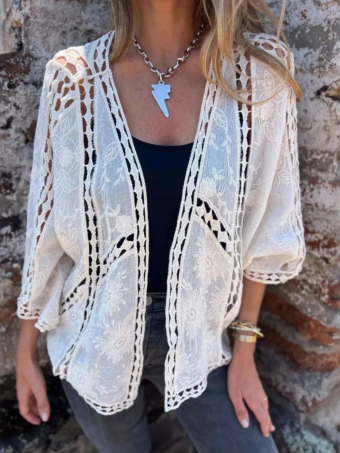Full Size Embroidered Open Front Cardigan Plus Size - GlowUp Garments