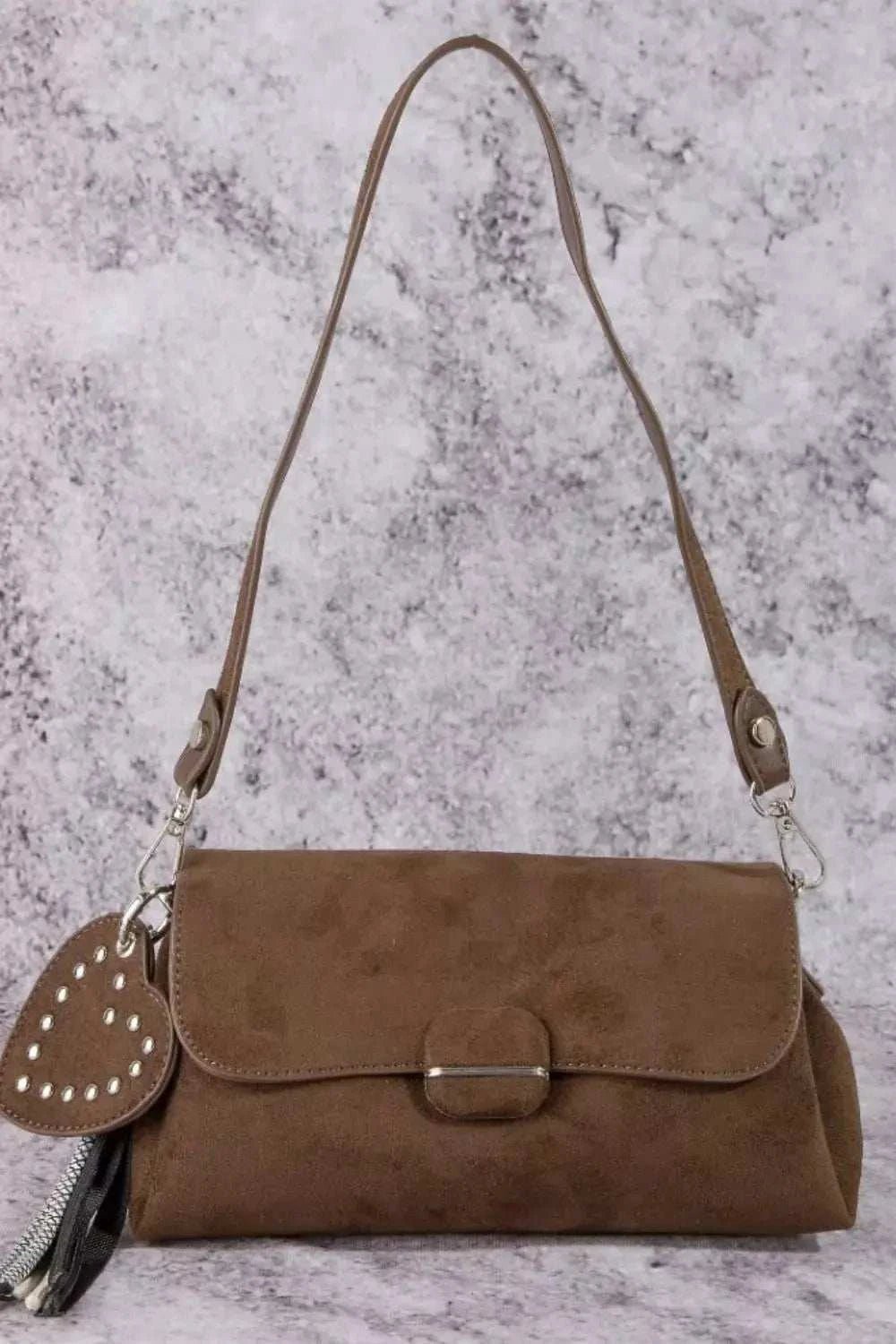 Heart And Tassel Accent Suede Shoulder Bag - GlowUp Garments