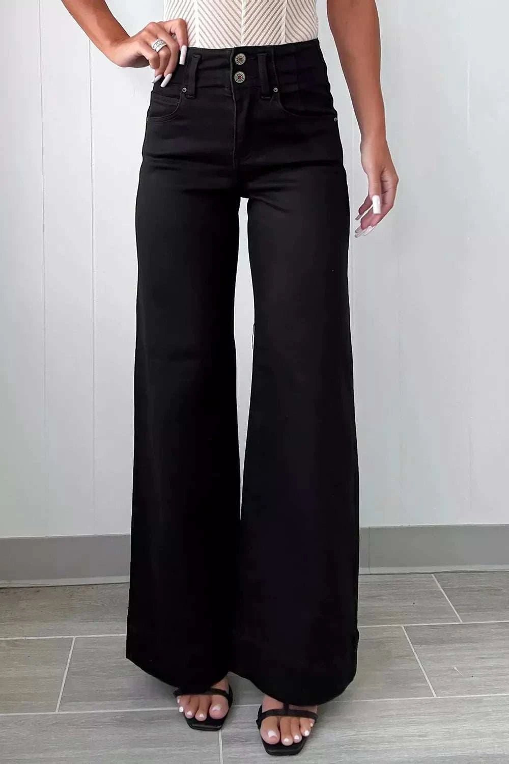 2-Button High Waist Flared Bottom Jeans - GlowUp Garments