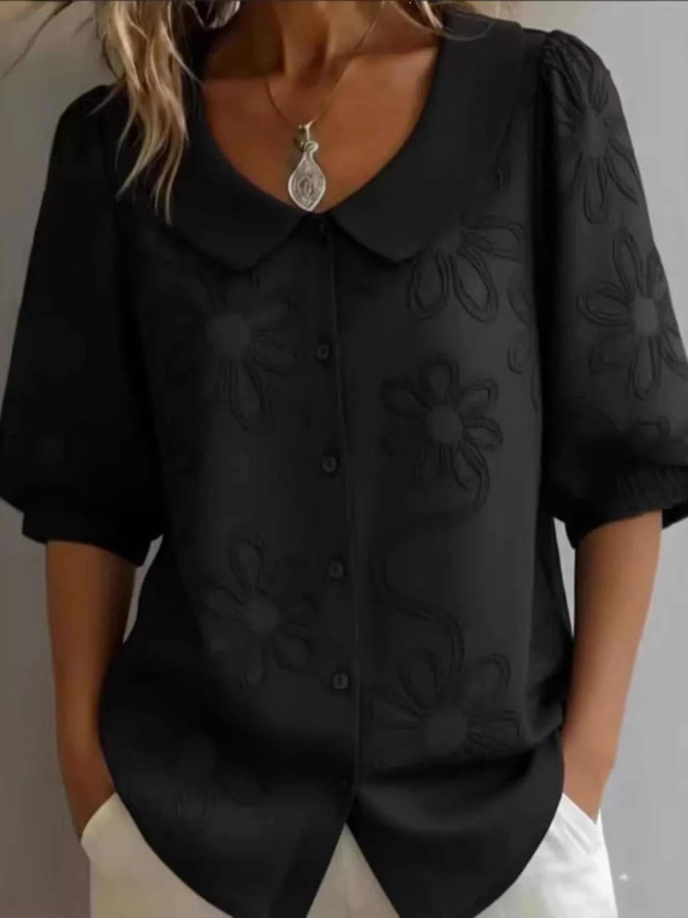 Full Size Flower Puff Sleeve Shirt Plus Size - GlowUp Garments