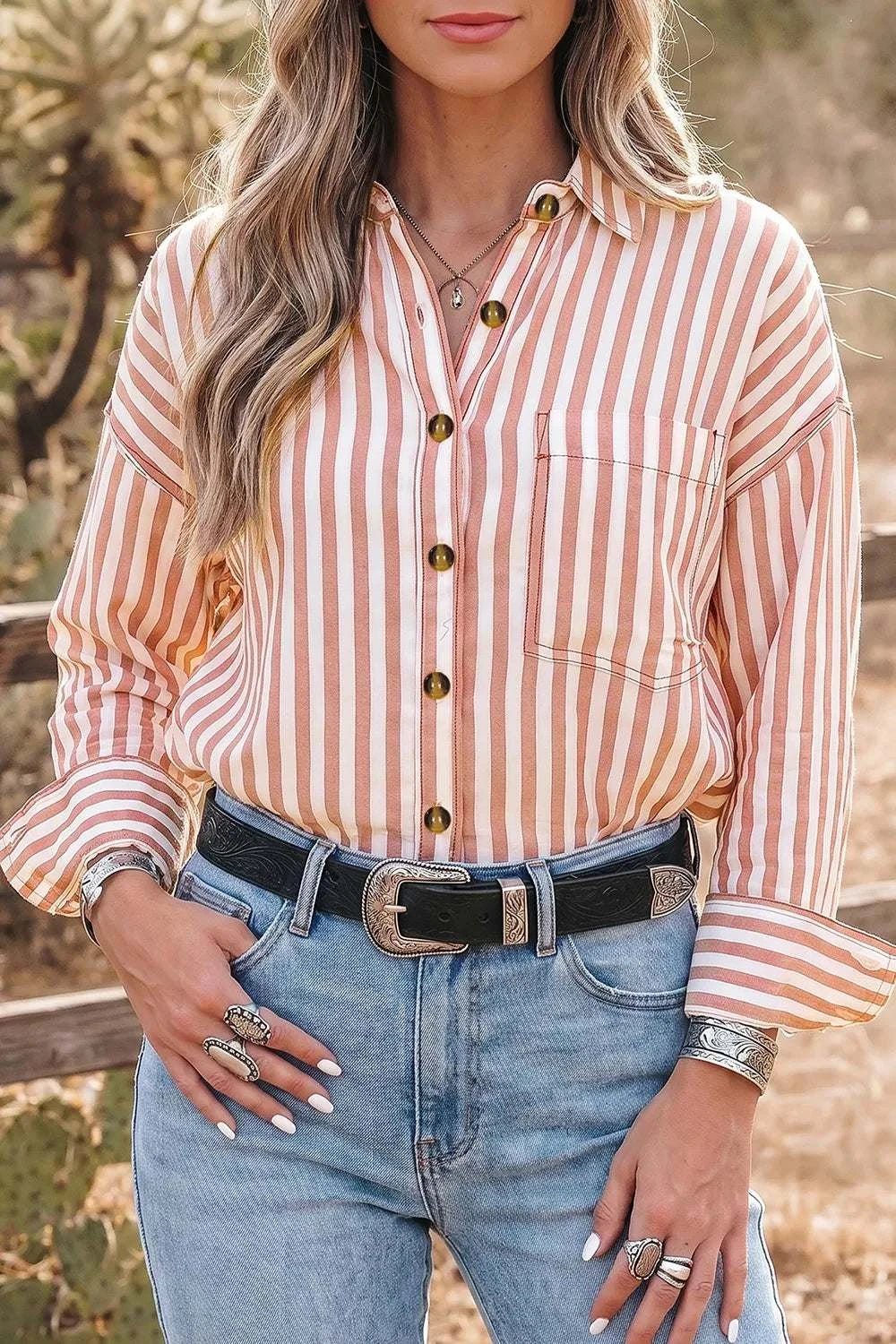 Stripe Western Button Down Long Sleeve Casual Shirt - GlowUp Garments