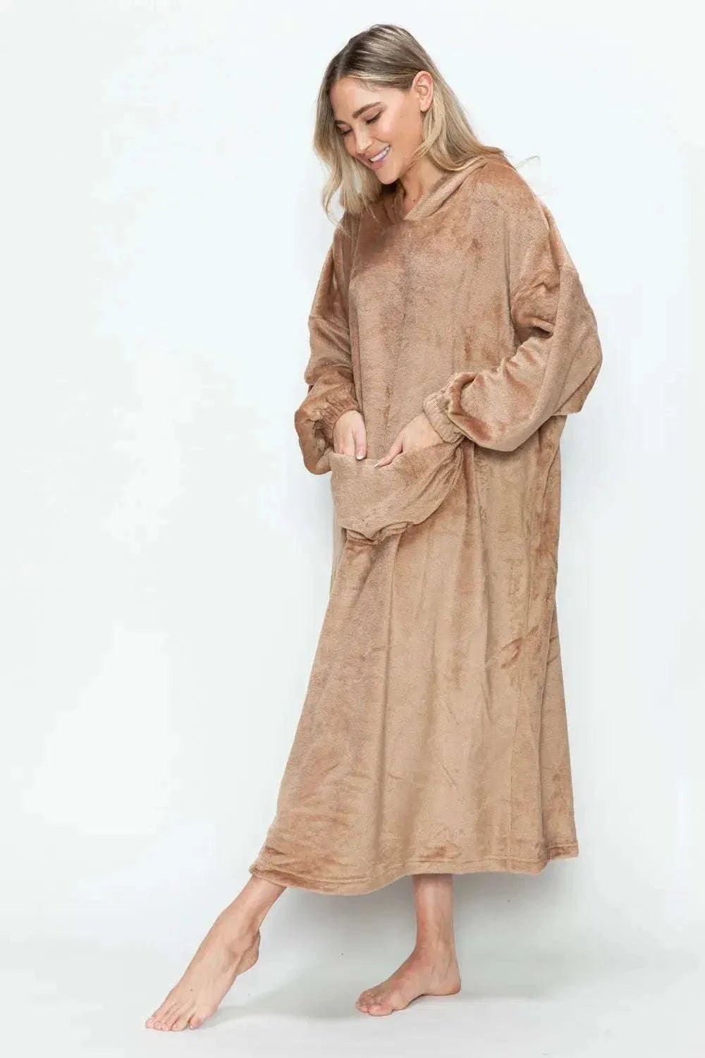 Double Take Full Size Pocketed Hooded Midi Lounge Dress - GlowUp Garments