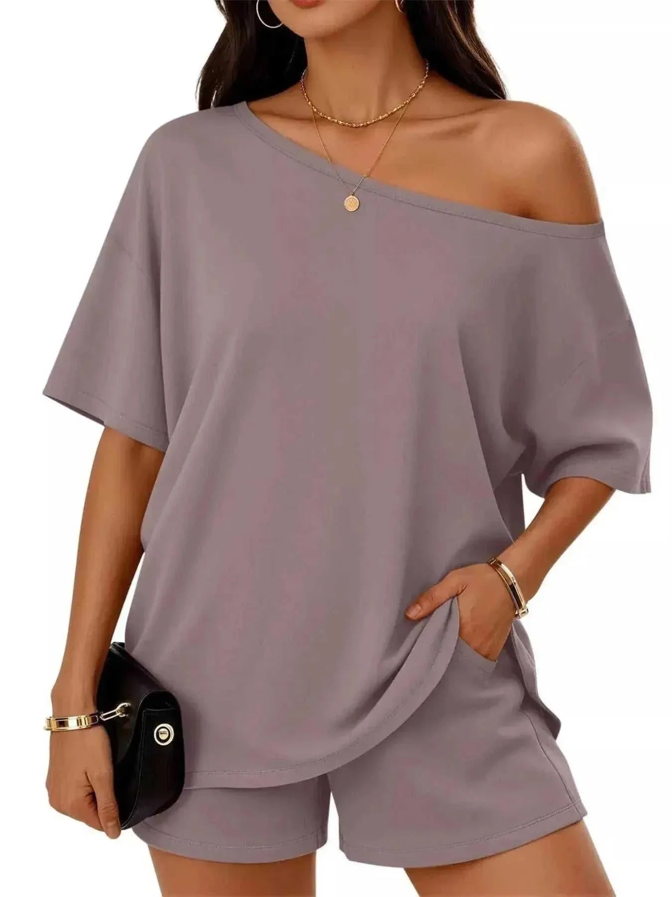 Full Size One Shoulder Top and Shorts Set Plus Size - GlowUp Garments