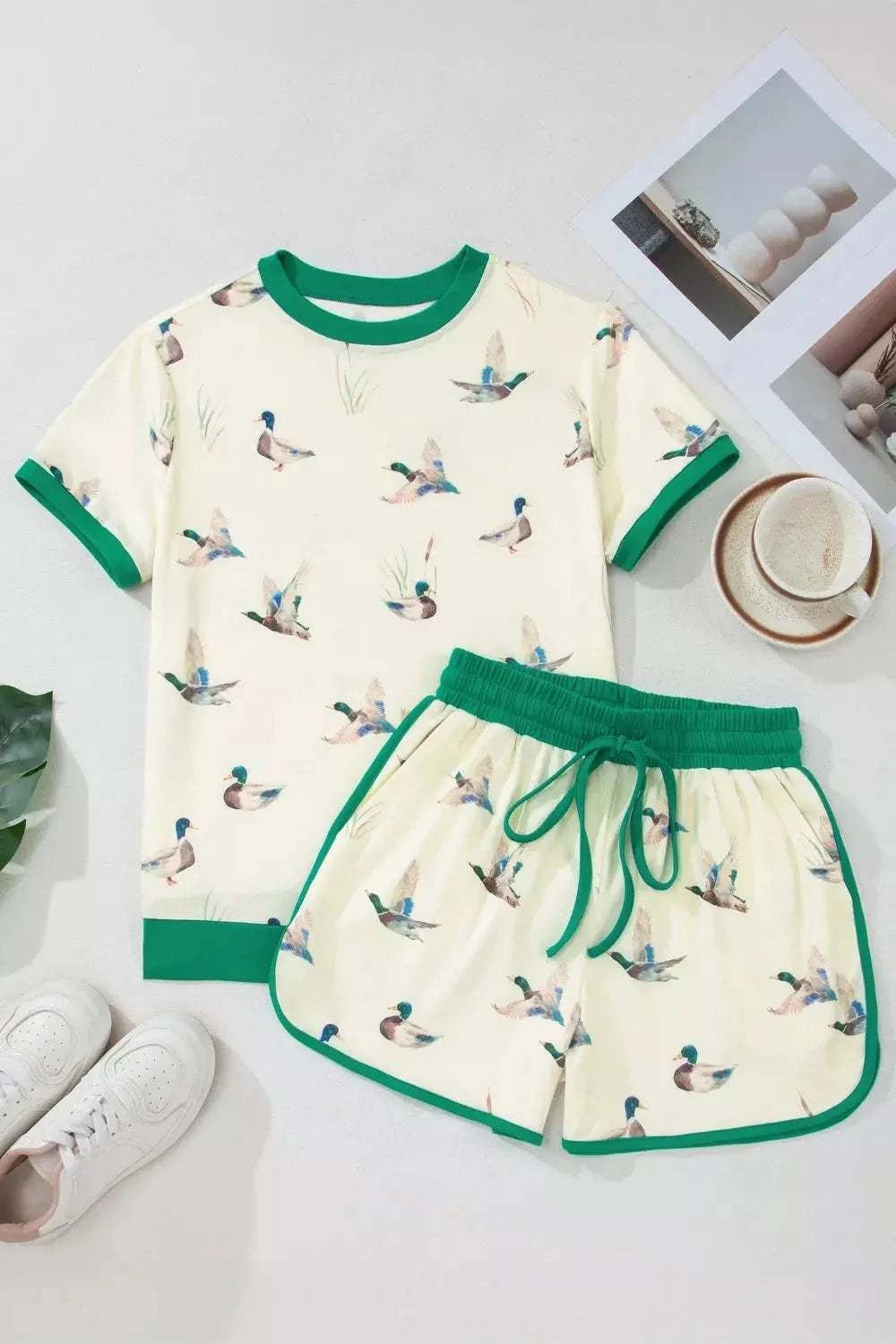 Mallard Printed Colorblock Trim Short Set - GlowUp Garments