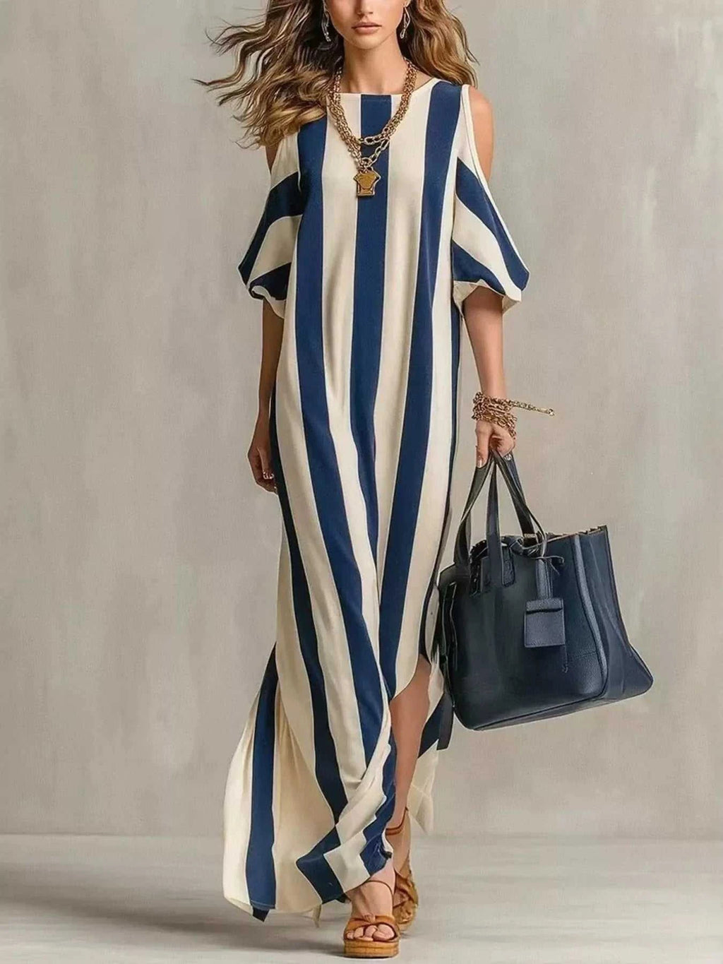 Striped Cold Shoulder Maxi Dress - GlowUp Garments