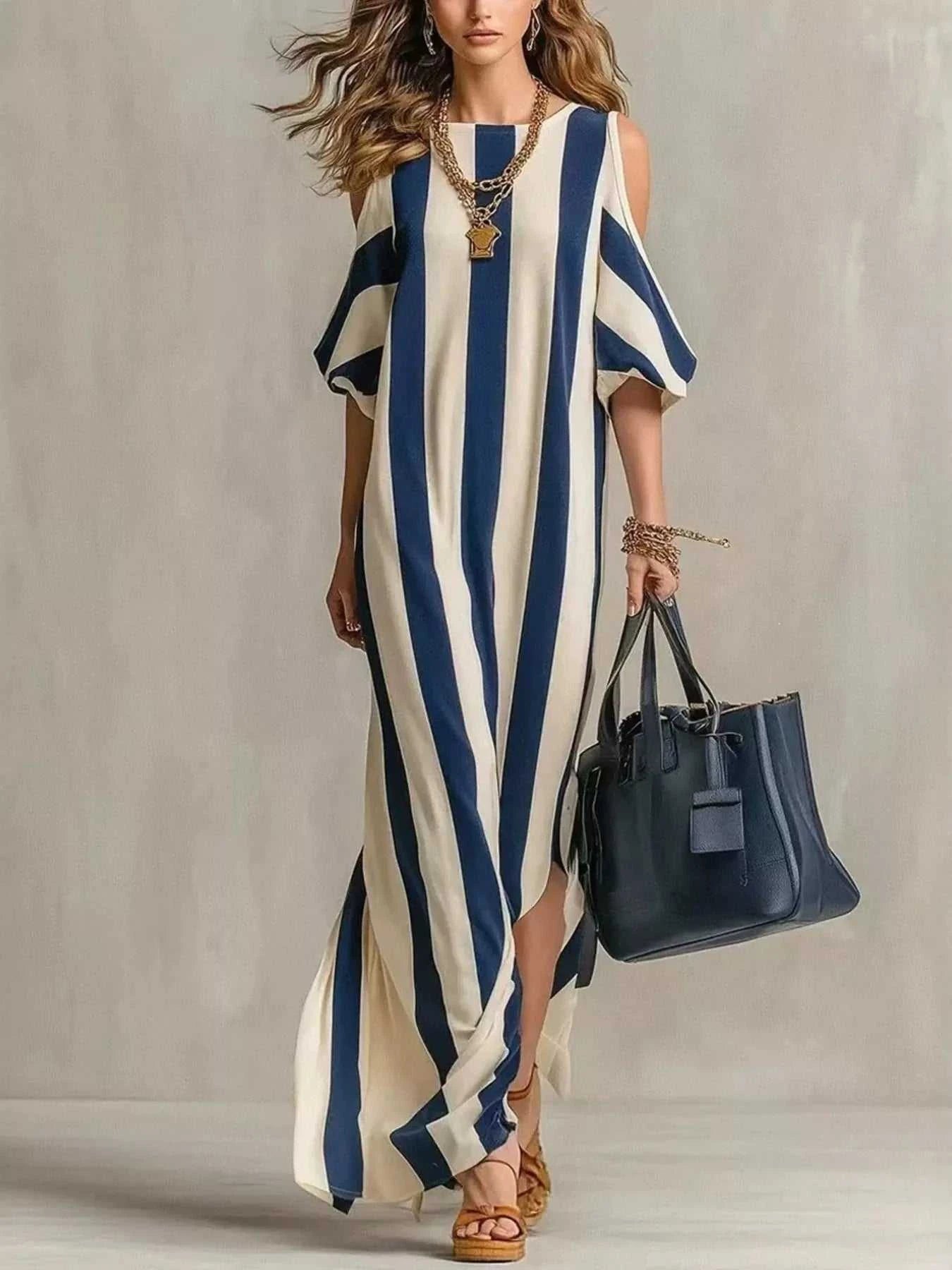 Striped Cold Shoulder Maxi Dress - GlowUp Garments