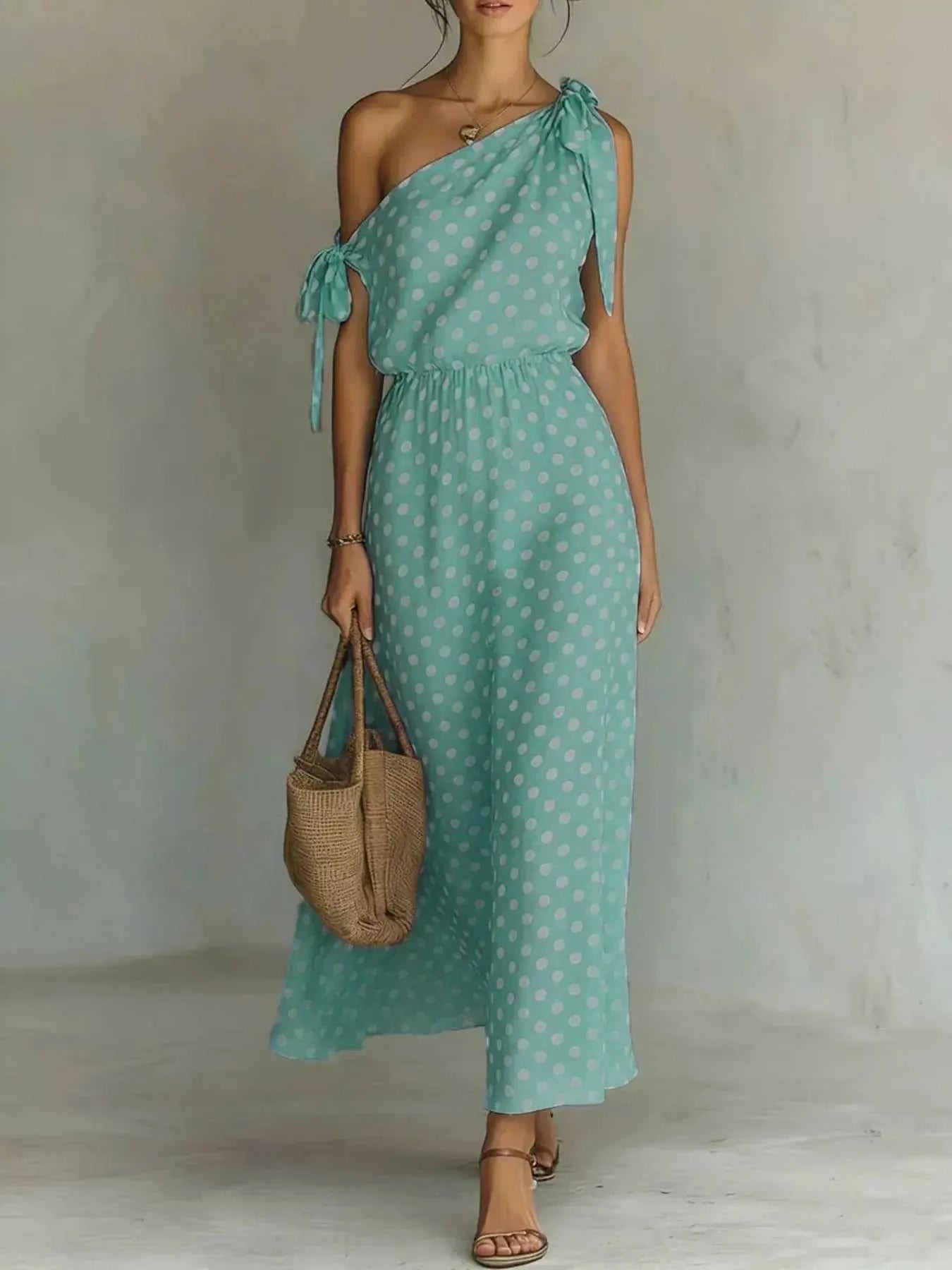 Full Size Polka Dot One-Shoulder Maxi Dress Plus Size - GlowUp Garments