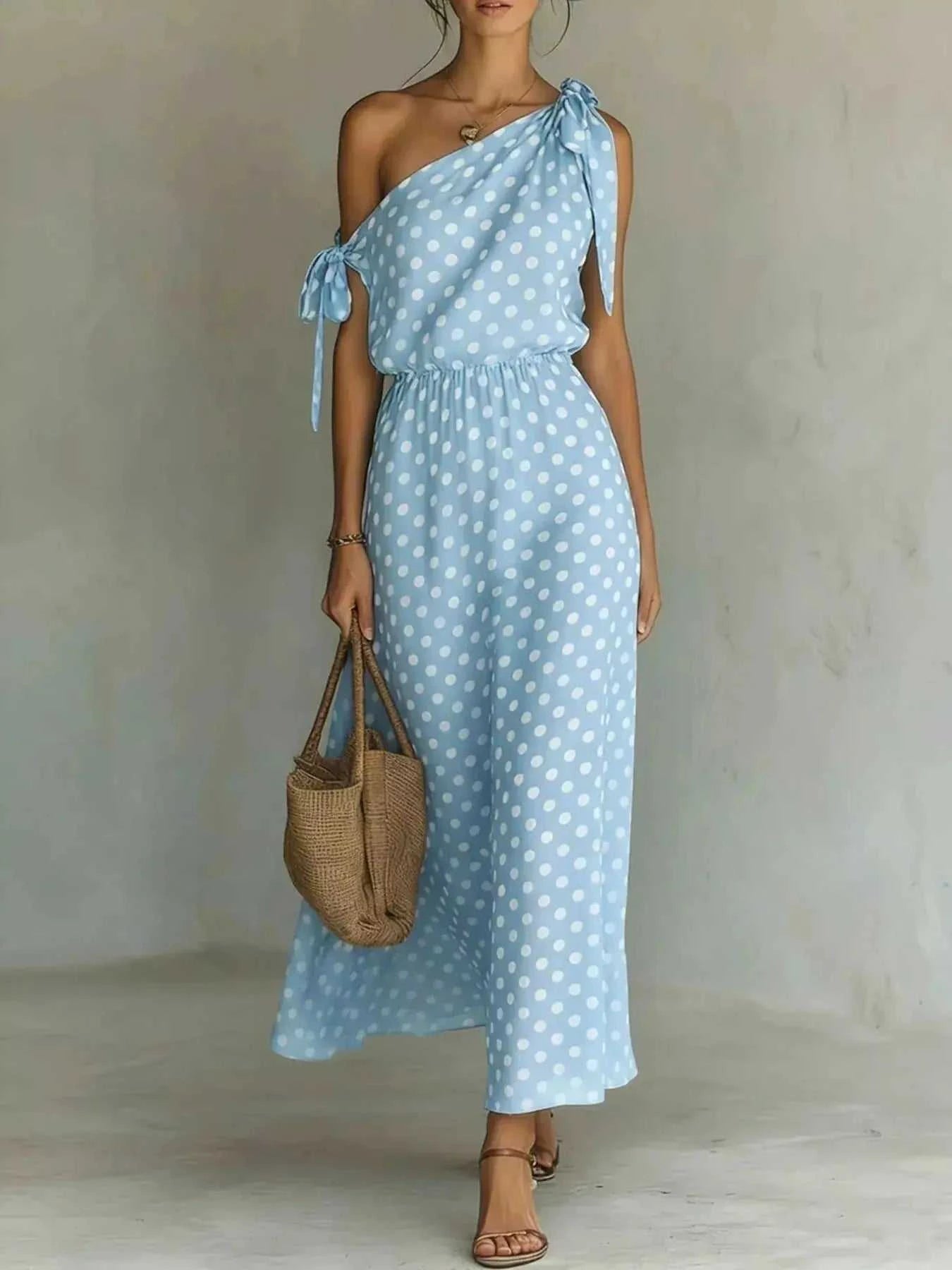 Full Size Polka Dot One-Shoulder Maxi Dress Plus Size - GlowUp Garments