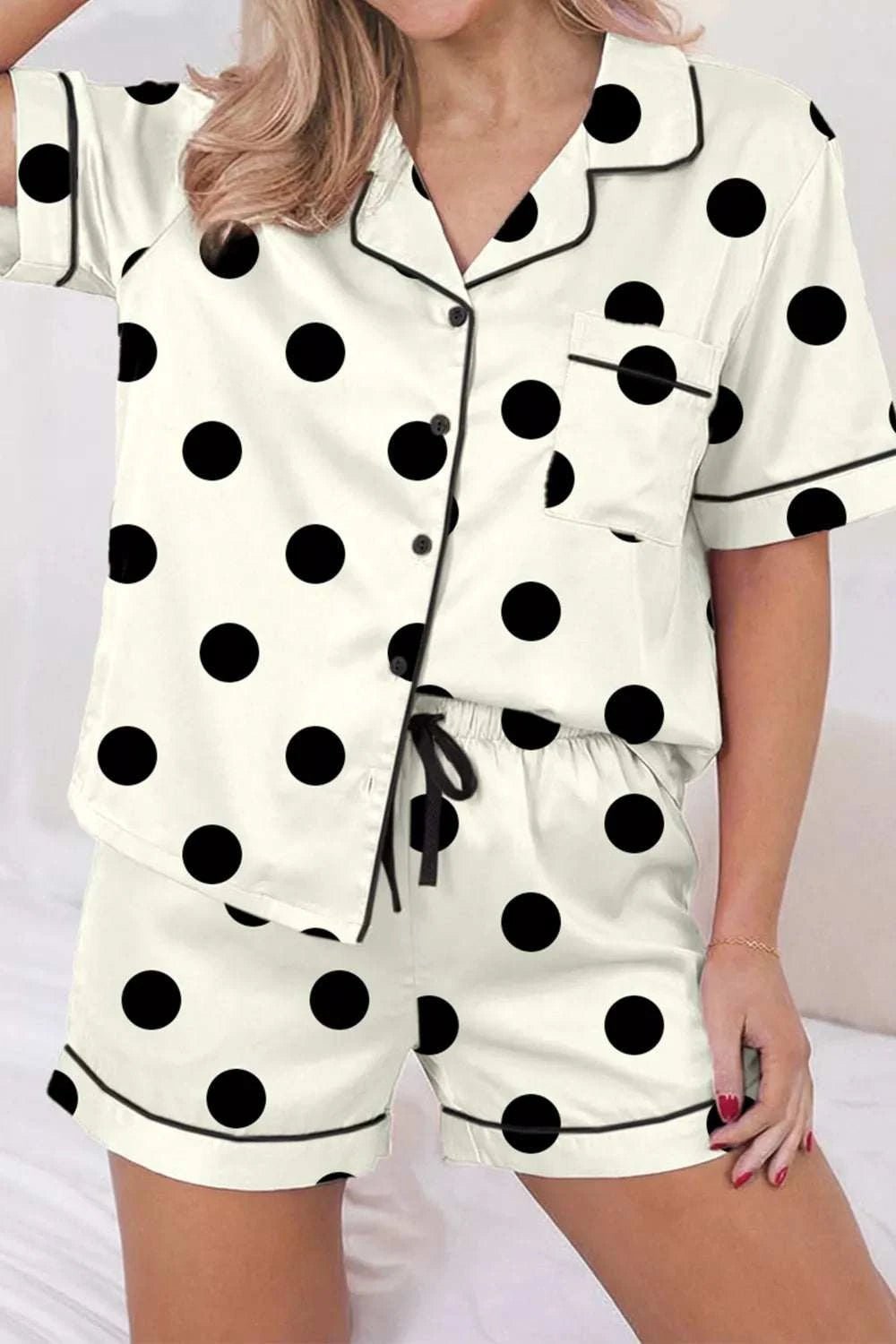 Polka Dot Button Up Top and Shorts Lounge Set - GlowUp Garments