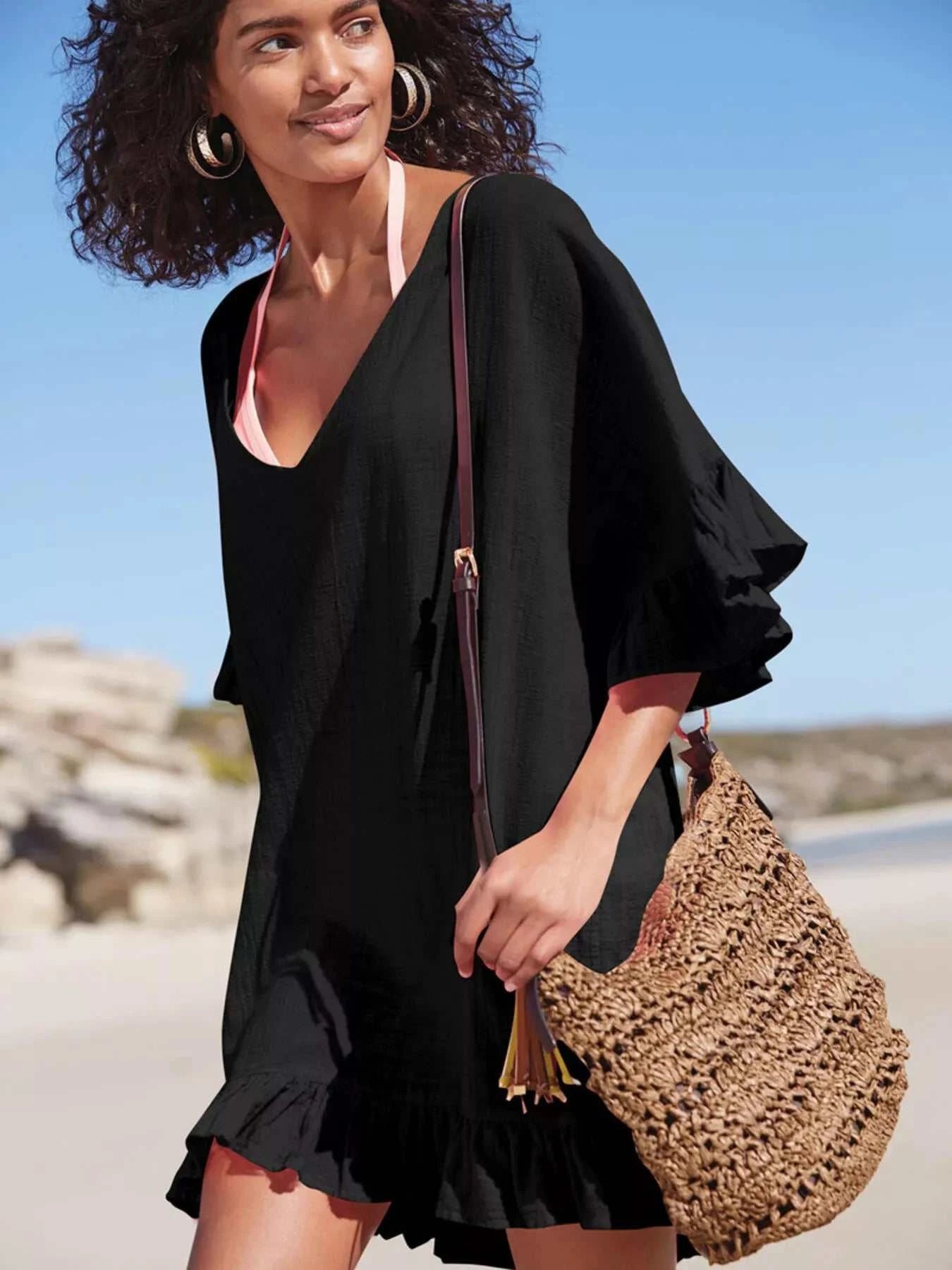 Ruffled Trim V-Neck Cover-Up Dress - GlowUp Garments