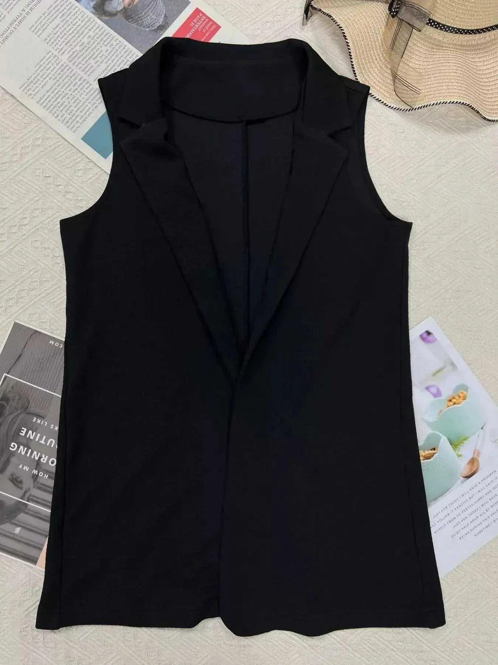 Sleeveless Notch Collar Longline Vest Coat - GlowUp Garments