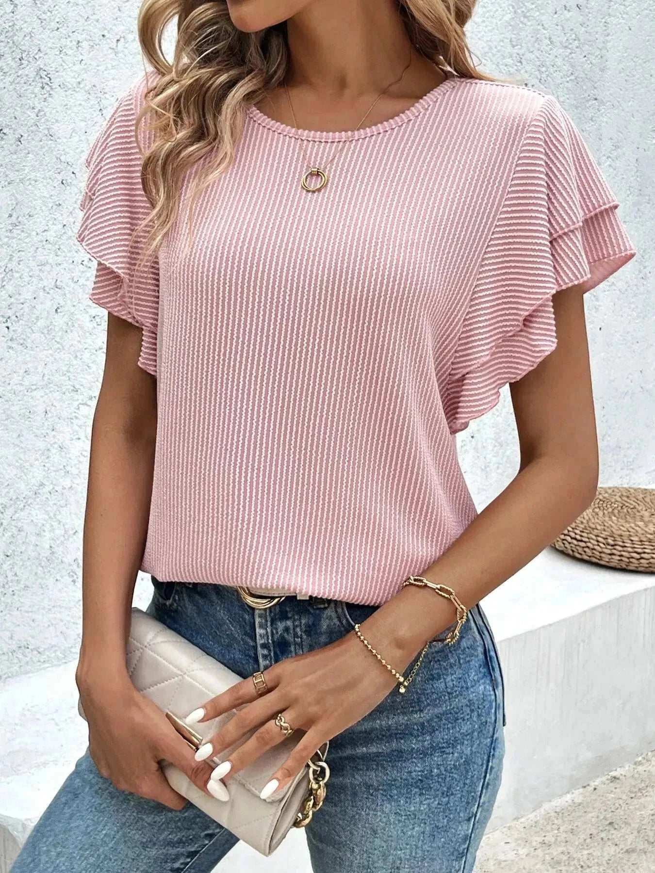 Ribbed Flutter Sleeve T-Shirt - GlowUp Garments