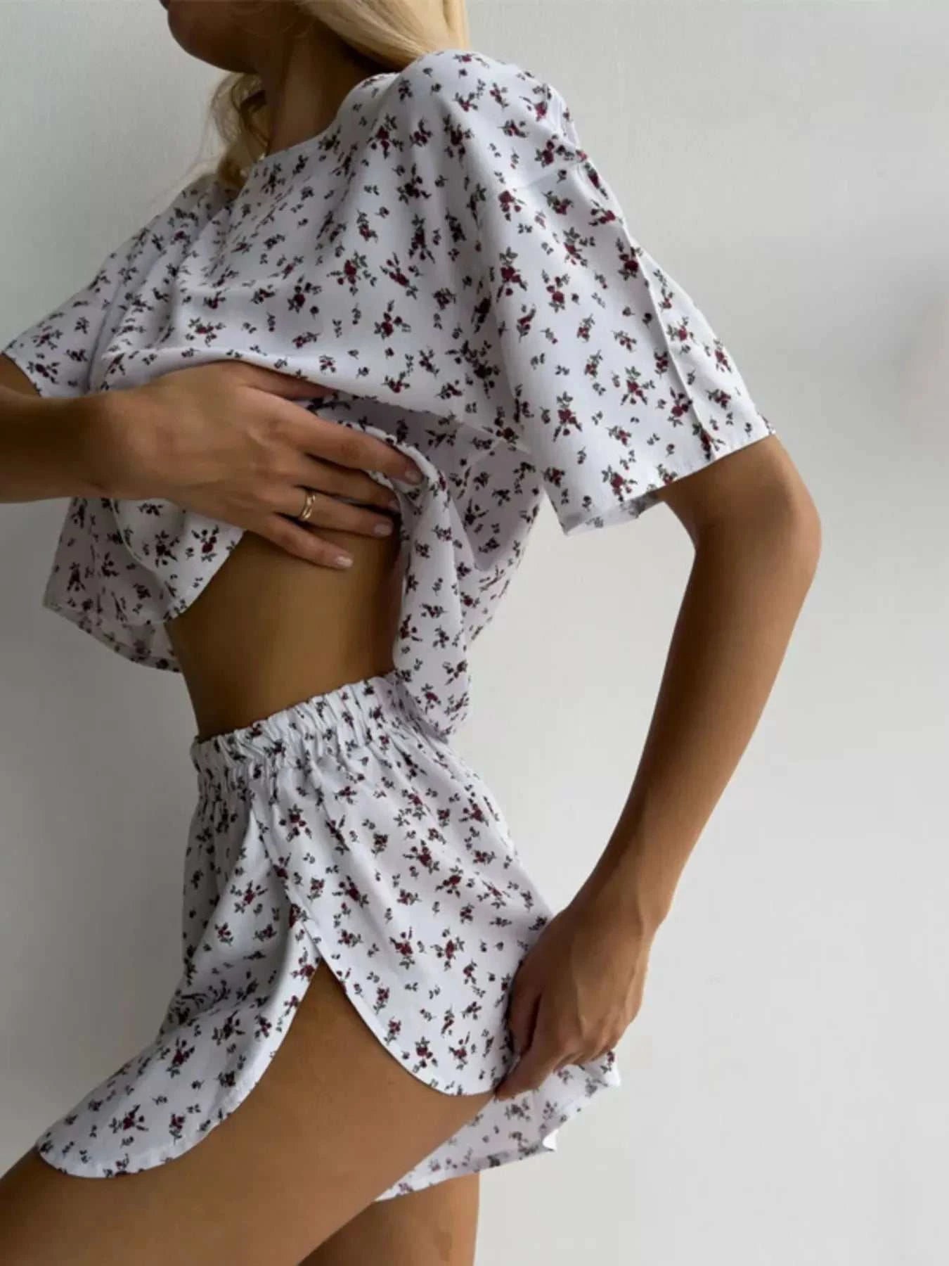 Floral Print Relaxed Fit Top and Shorts Lounge Set - GlowUp Garments