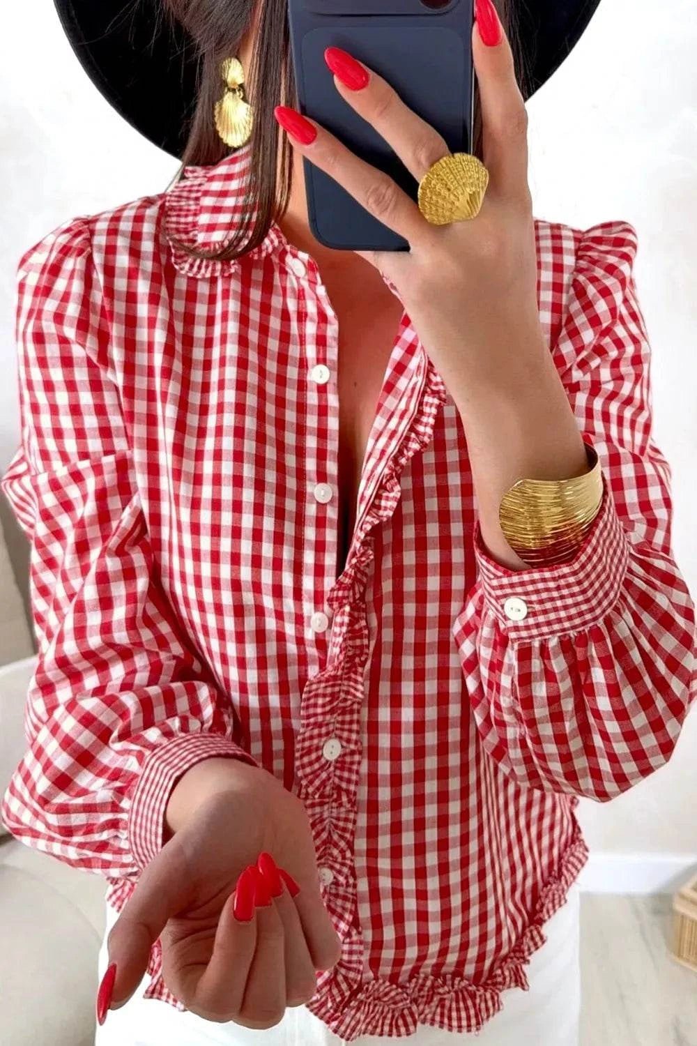 Plaid Long Sleeve Button Down Frill Detail Casual Shirt - GlowUp Garments