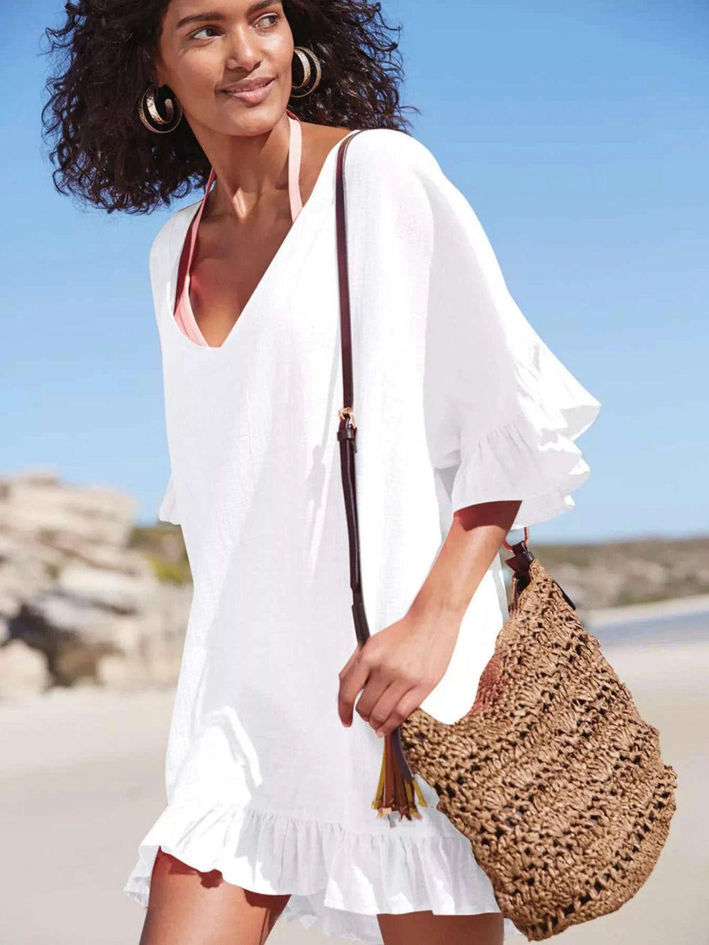 Ruffled Trim V-Neck Cover-Up Dress - GlowUp Garments