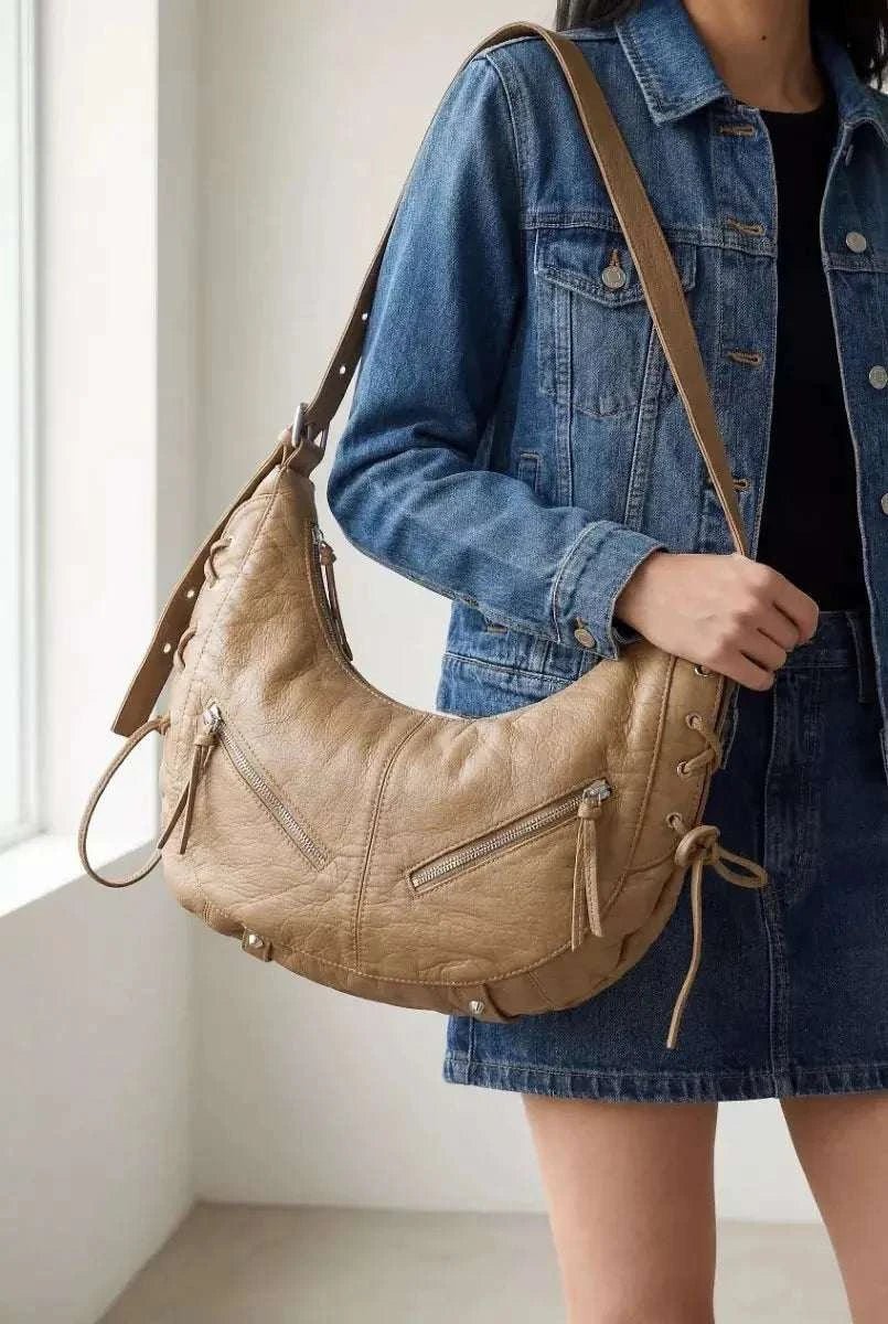 Larger Leather Crescent Shoulder Bag - GlowUp Garments