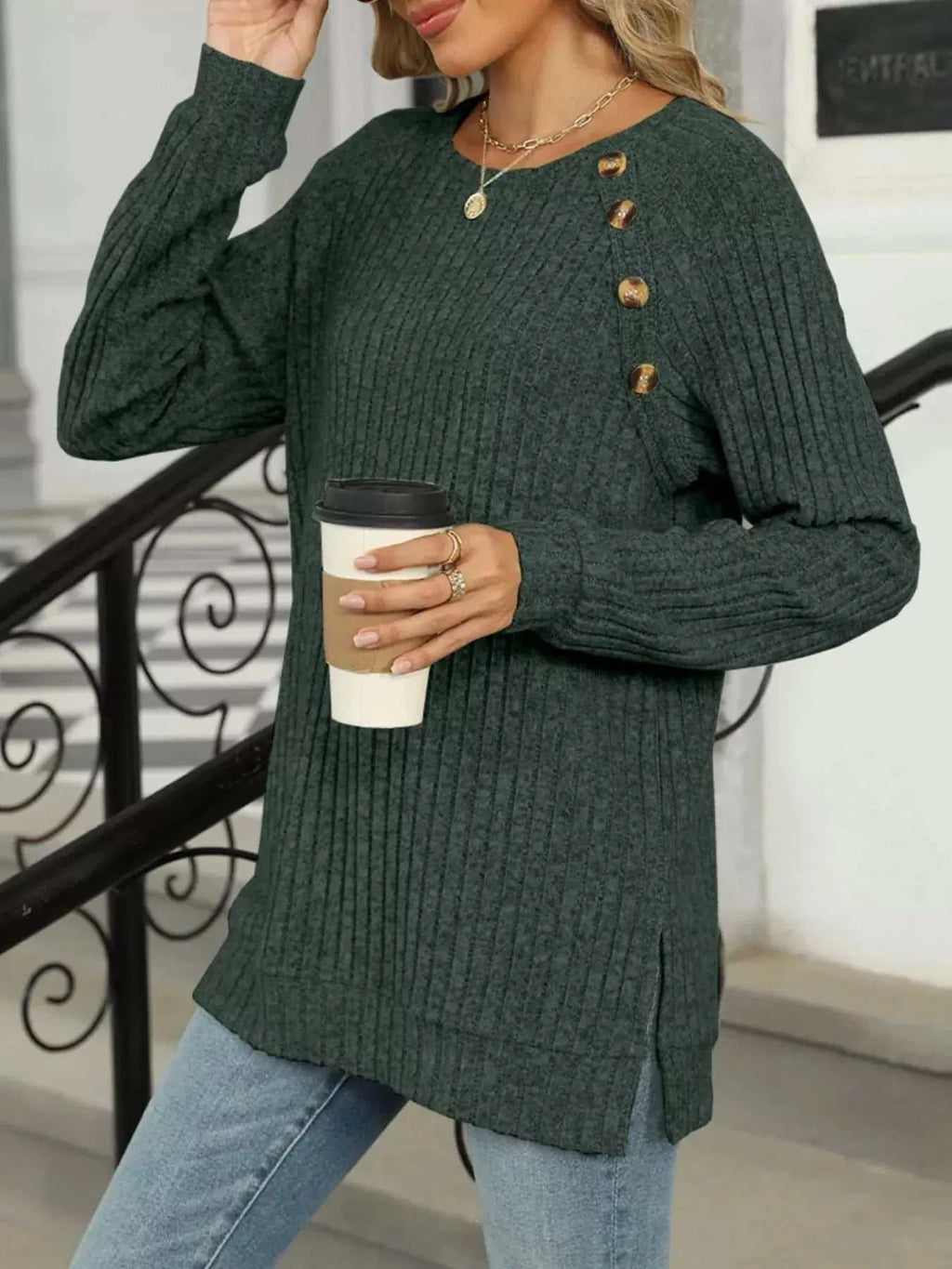 Round Neck Side Slit Ribbed Knit Top with Asymmetric Button Detail - GlowUp Garments