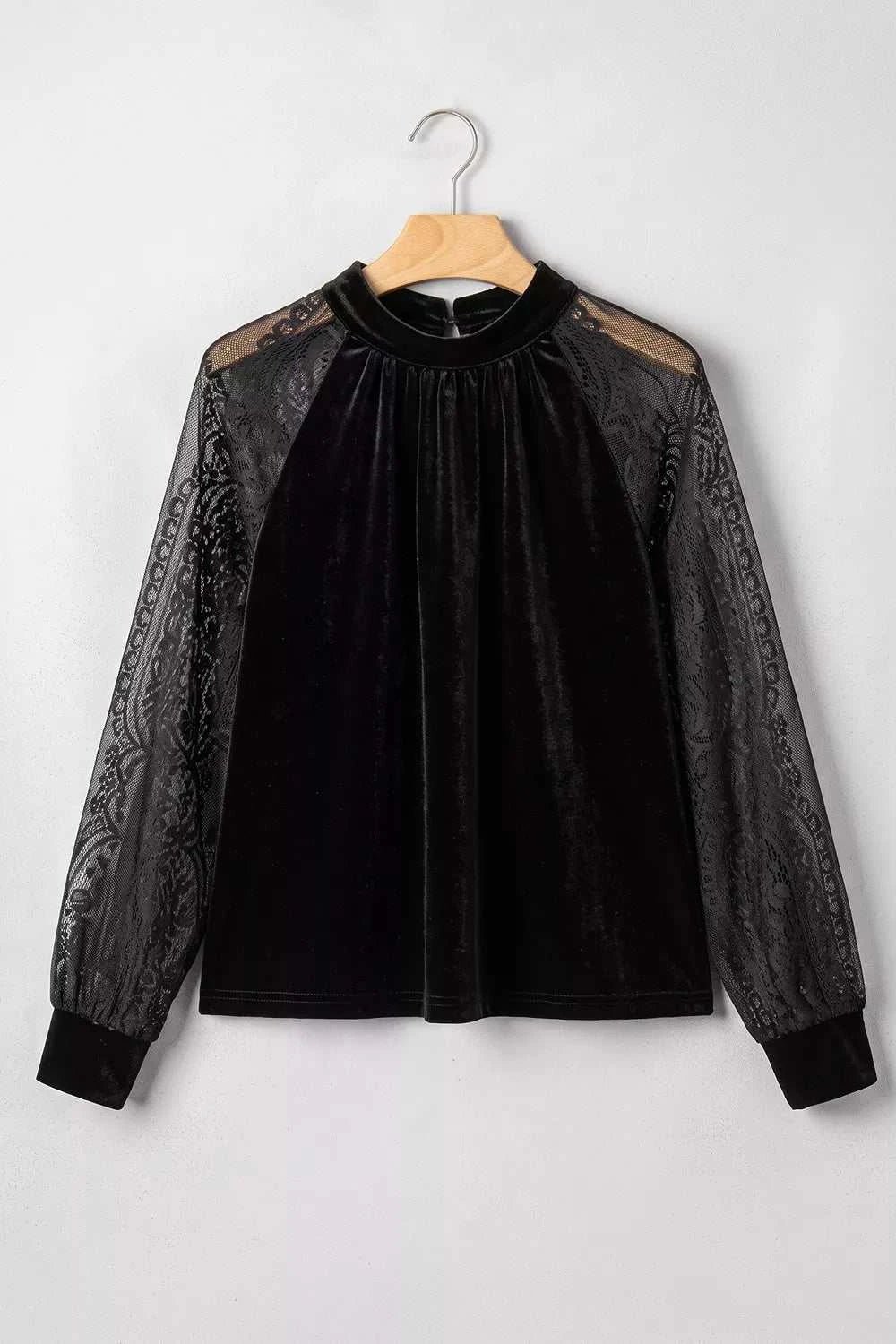 Elegant Velvet Blouse with Sheer Lace Sleeves - GlowUp Garments