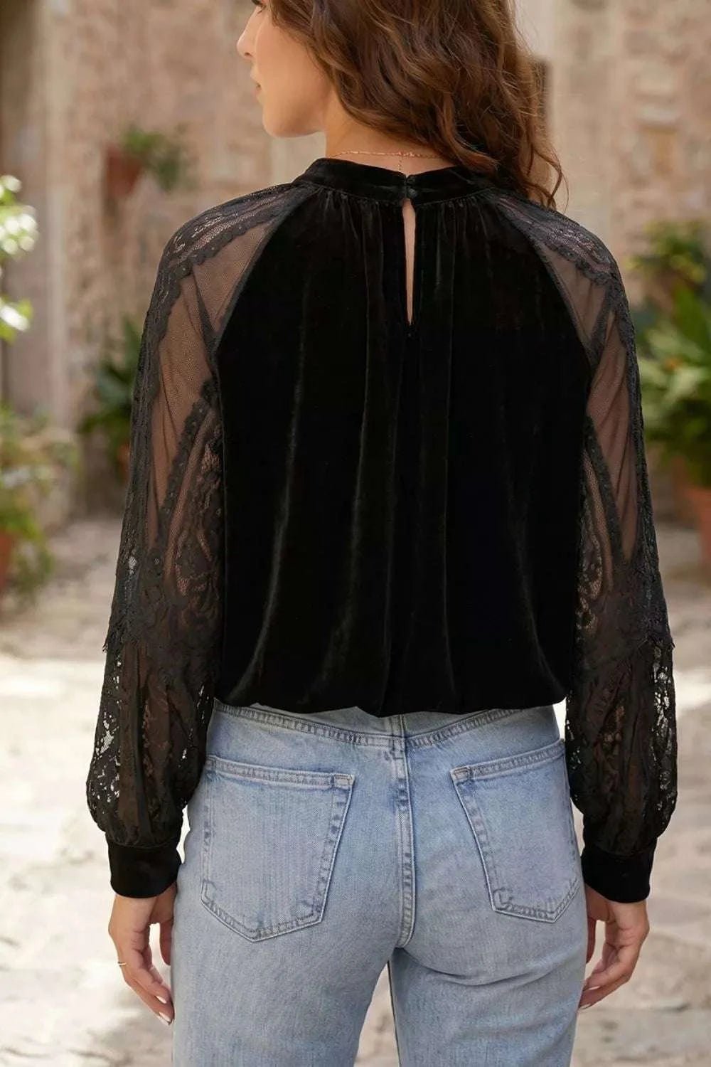 Elegant Velvet Blouse with Sheer Lace Sleeves - GlowUp Garments