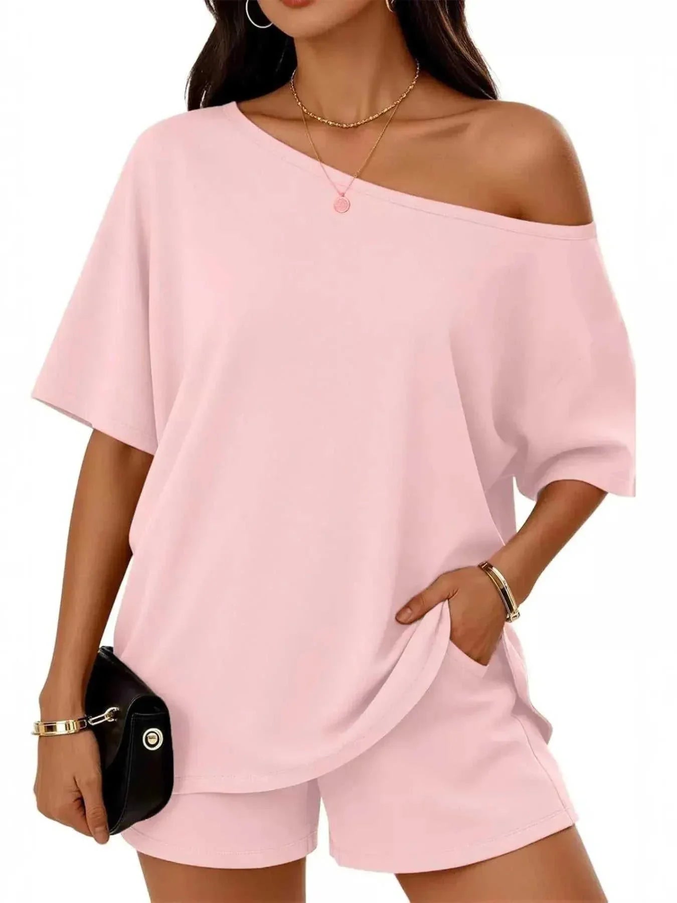 Full Size One Shoulder Top and Shorts Set Plus Size - GlowUp Garments
