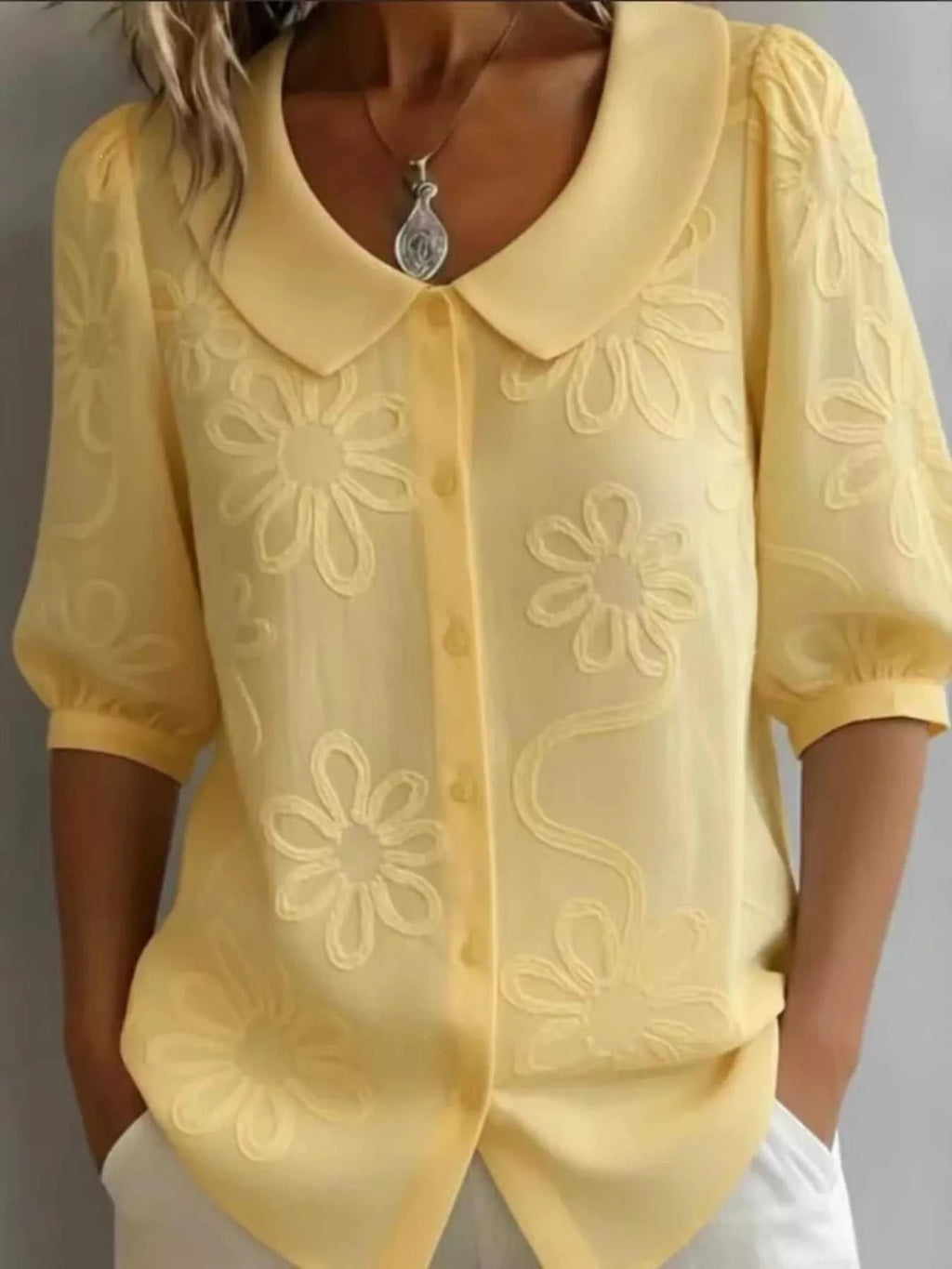 Full Size Flower Puff Sleeve Shirt Plus Size - GlowUp Garments