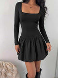 Square Neck Long Sleeve Bubble Hem Dress - GlowUp Garments