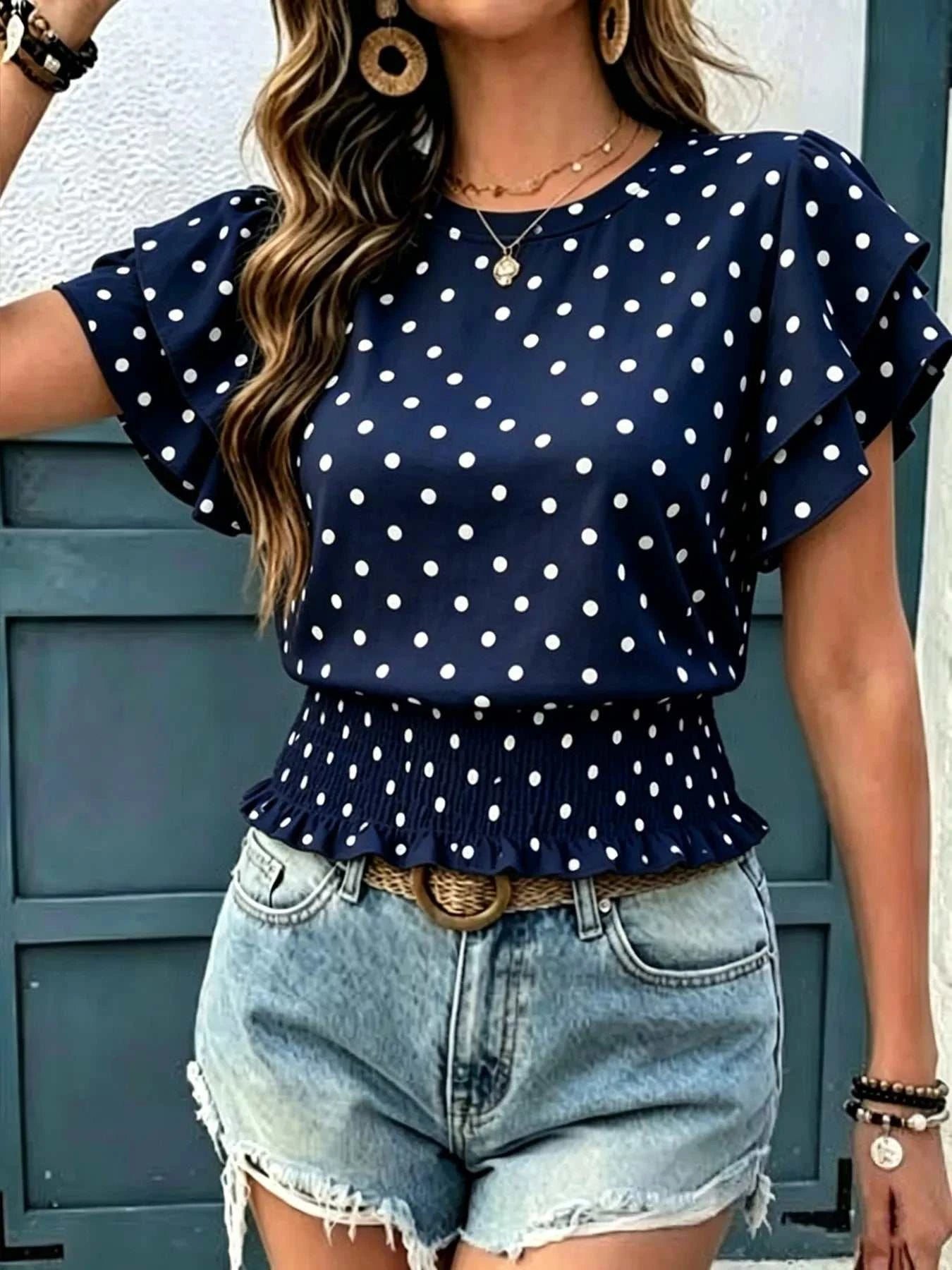 Polka Dot Ruffle Sleeve Blouse - GlowUp Garments