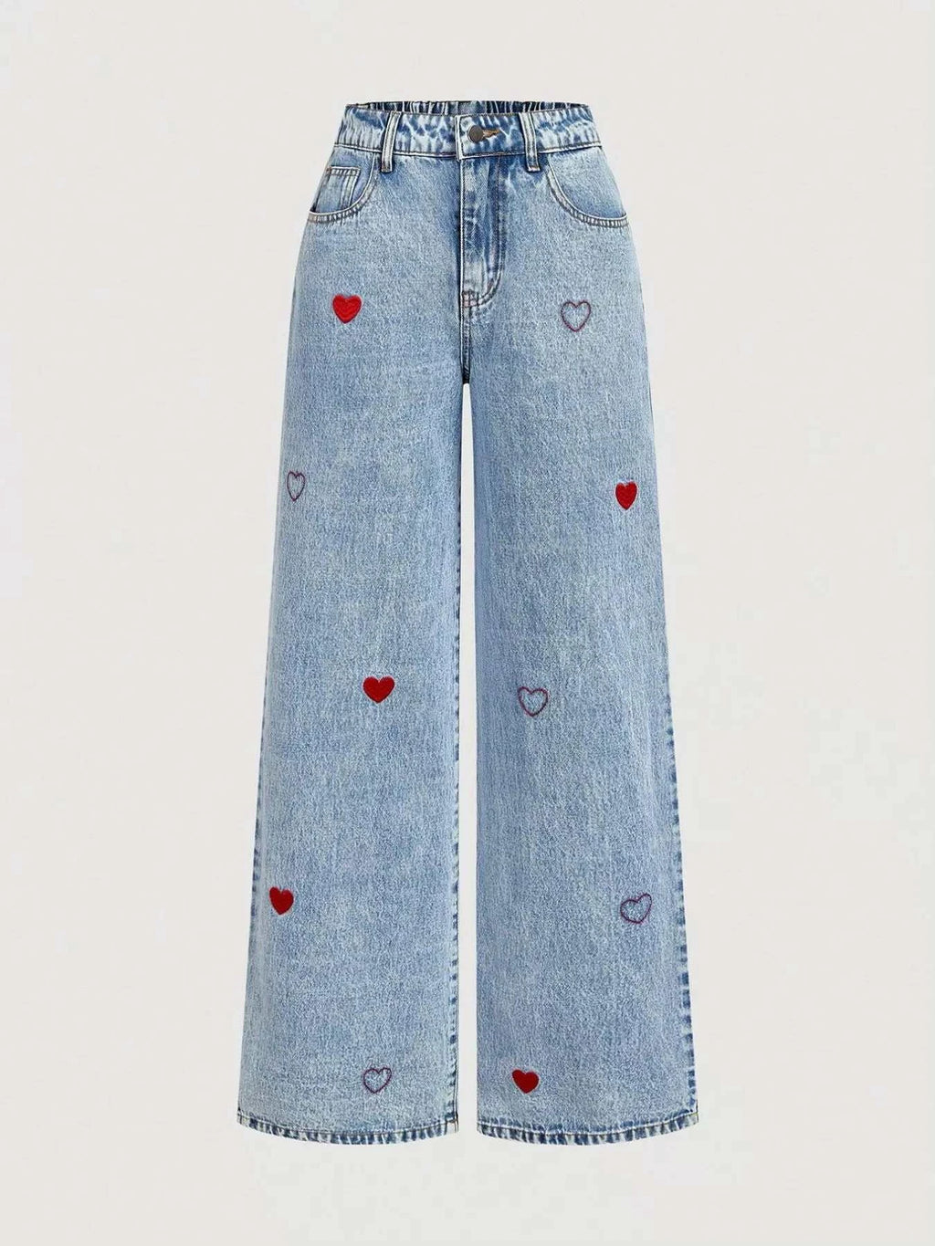Embroidered Heart Wide-Leg Jeans - GlowUp Garments