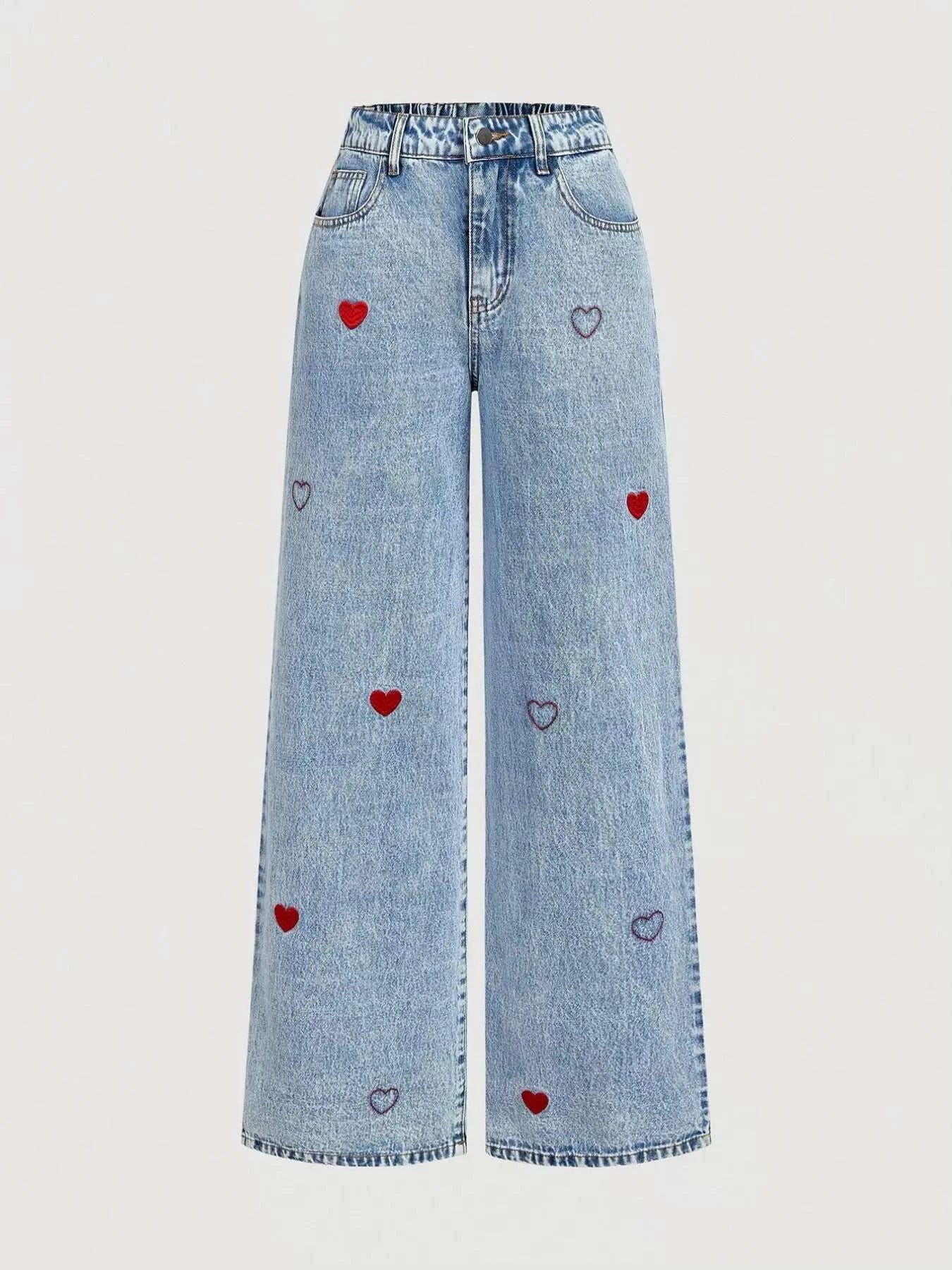 Embroidered Heart Wide-Leg Jeans - GlowUp Garments