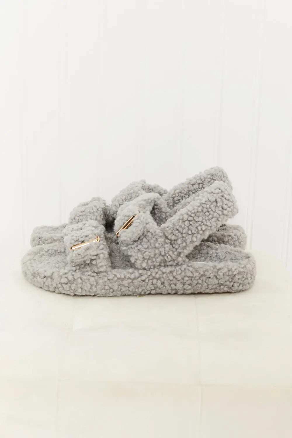Qupid Cozy Atmosphere Faux Fur Buckled Sandals in Grey - GlowUp Garments