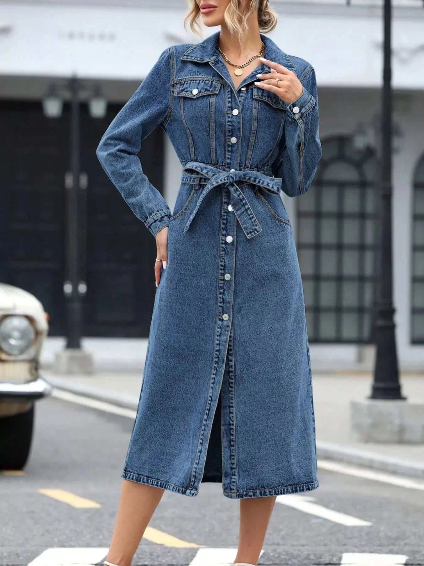 Belted Long Sleeve Denim Dress - GlowUp Garments