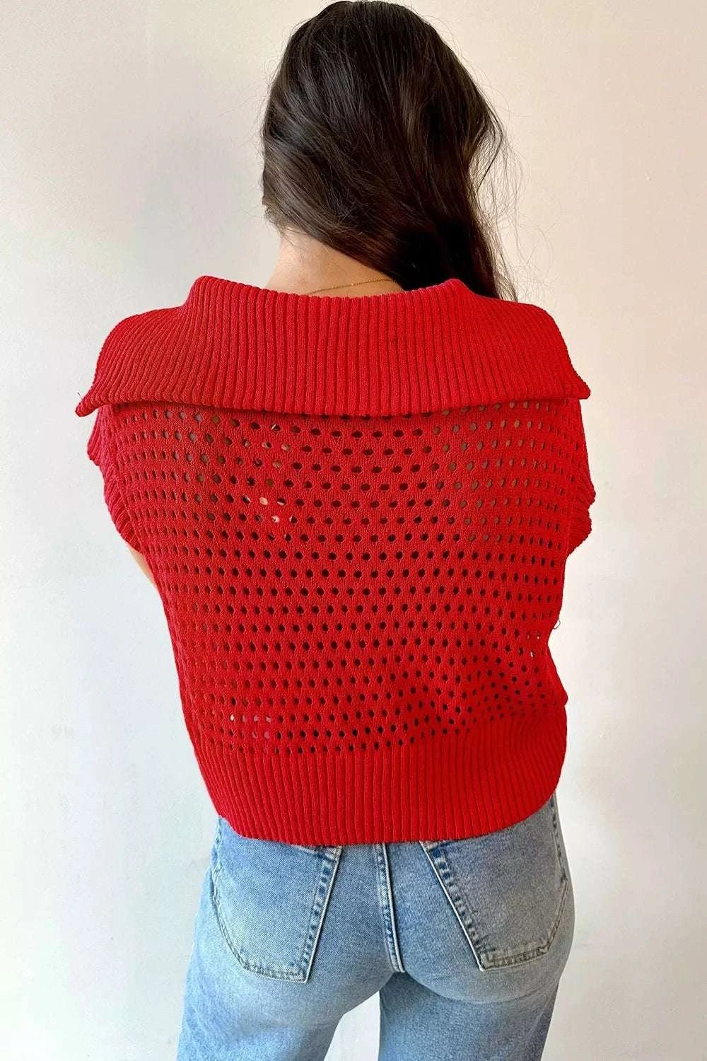 Openwork Quarter-Zip Knit Top - GlowUp Garments