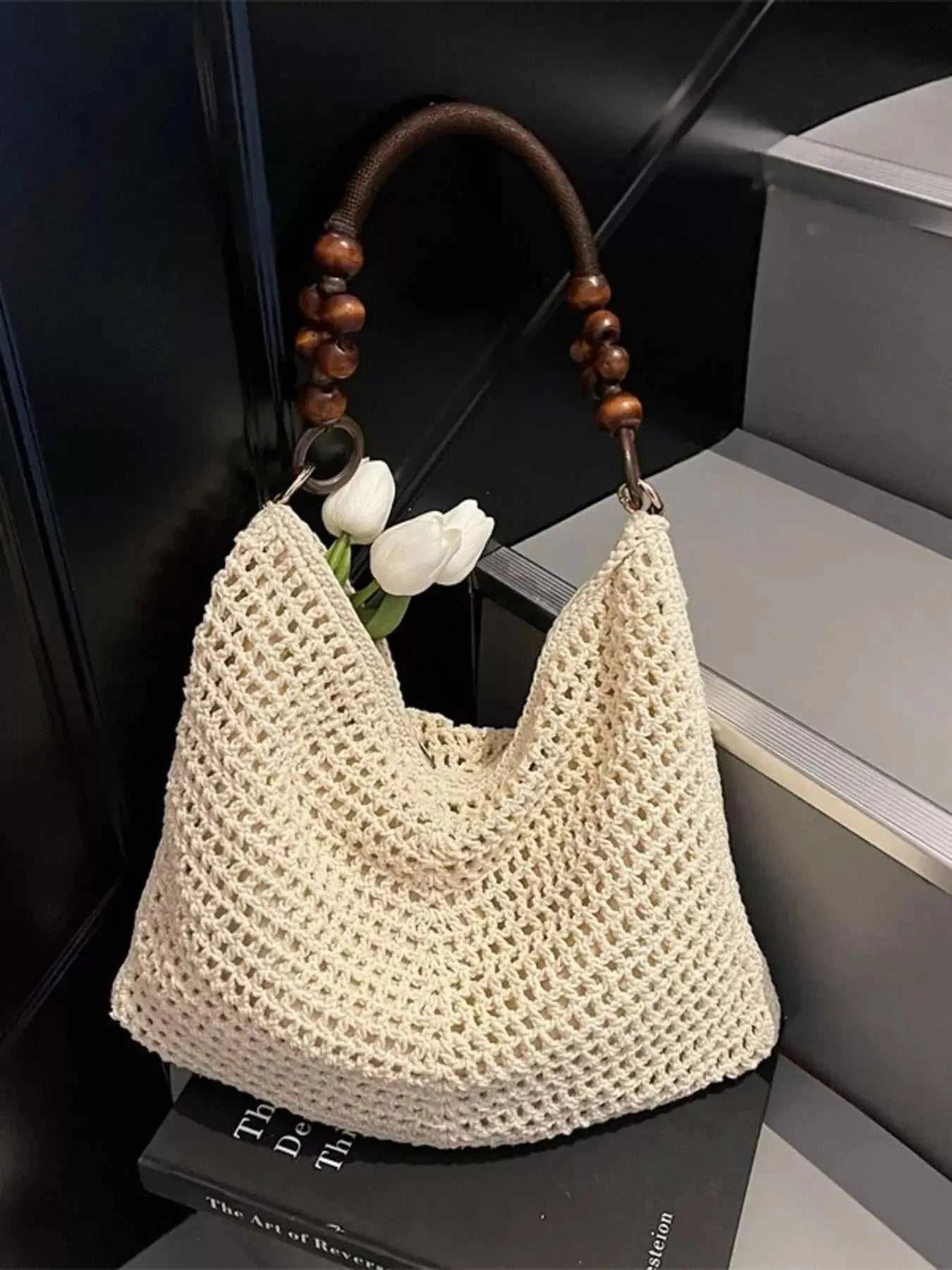 Knitted Shoulder Bag with Wooden Bead Handle - GlowUp Garments