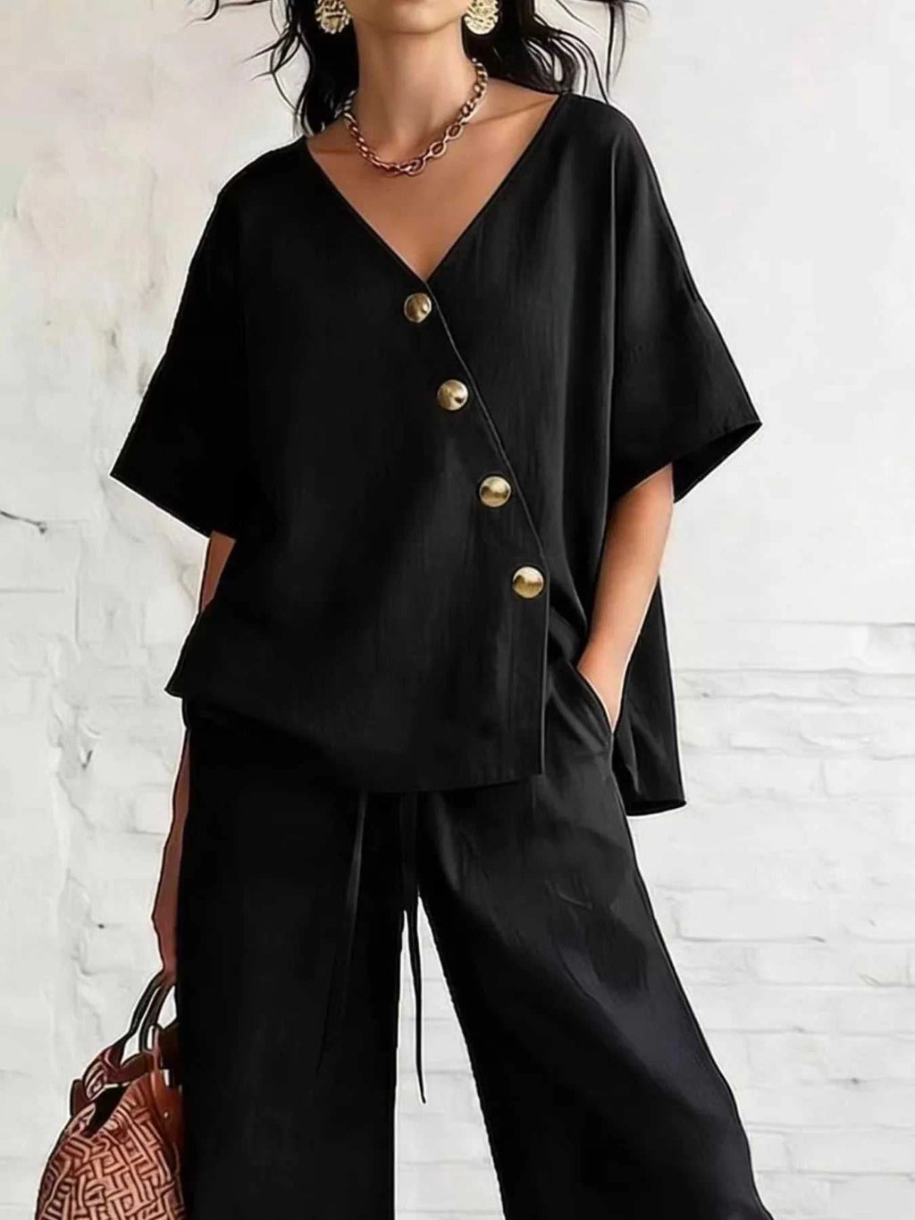 Full Size Surplice Half Sleeve Top and Wide-Leg Pants Set Plus Size - GlowUp Garments