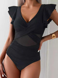 Ruffle Sleeve V-Neck One-Piece Swimsuit - GlowUp Garments