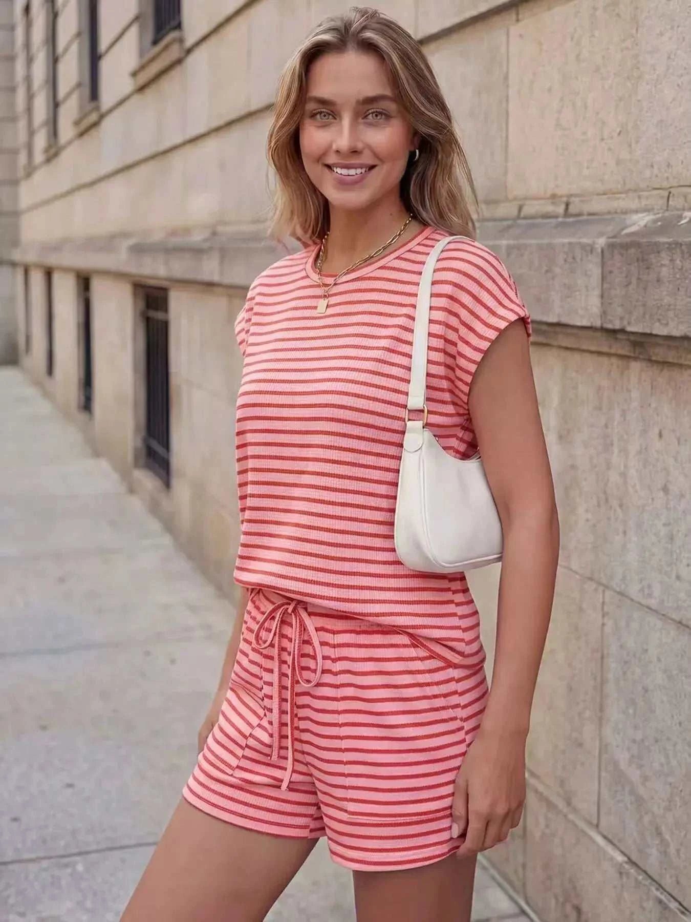 Striped Round Neck Tee and Shorts Set - GlowUp Garments