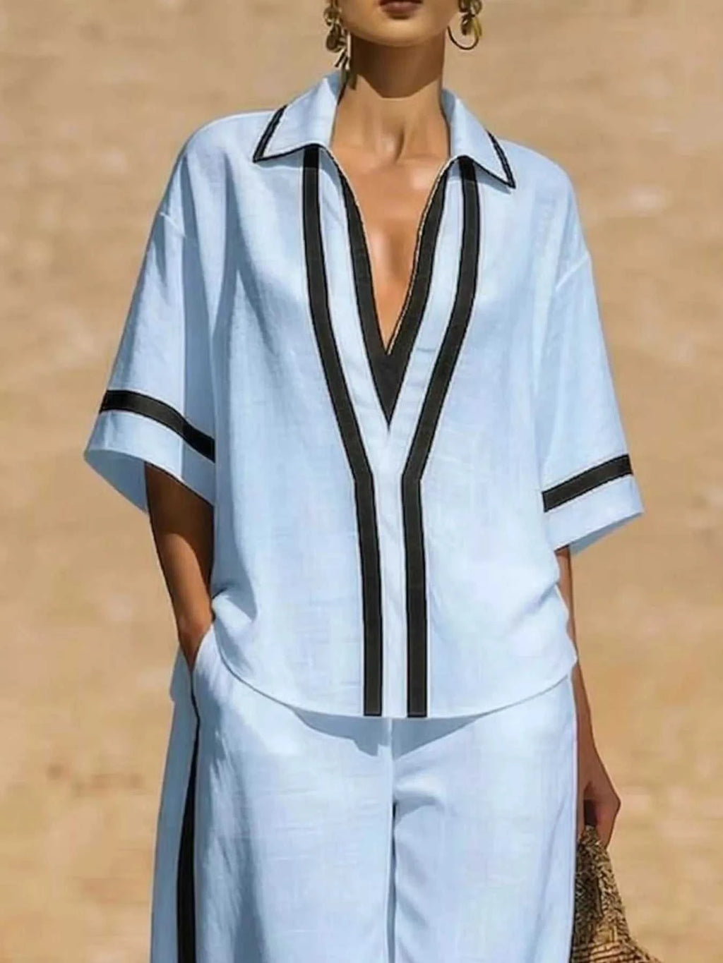 Full Size Contrast Trim Top and Pants Set Plus Size - GlowUp Garments