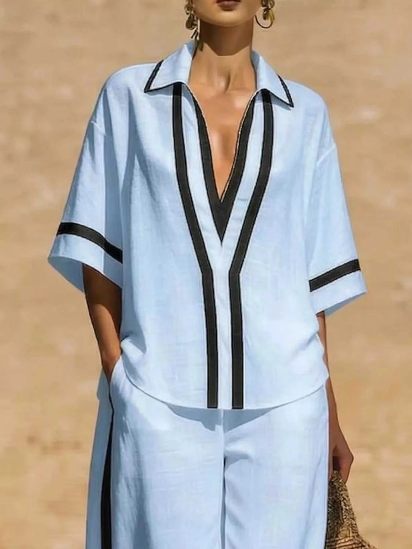 Full Size Contrast Trim Top and Pants Set Plus Size - GlowUp Garments