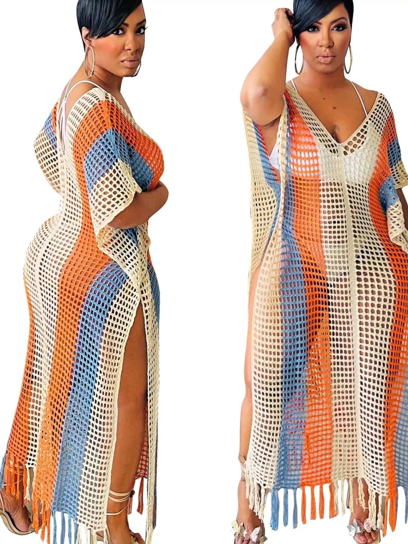 Striped Crochet Cover-Up Dress with Fringe - GlowUp Garments