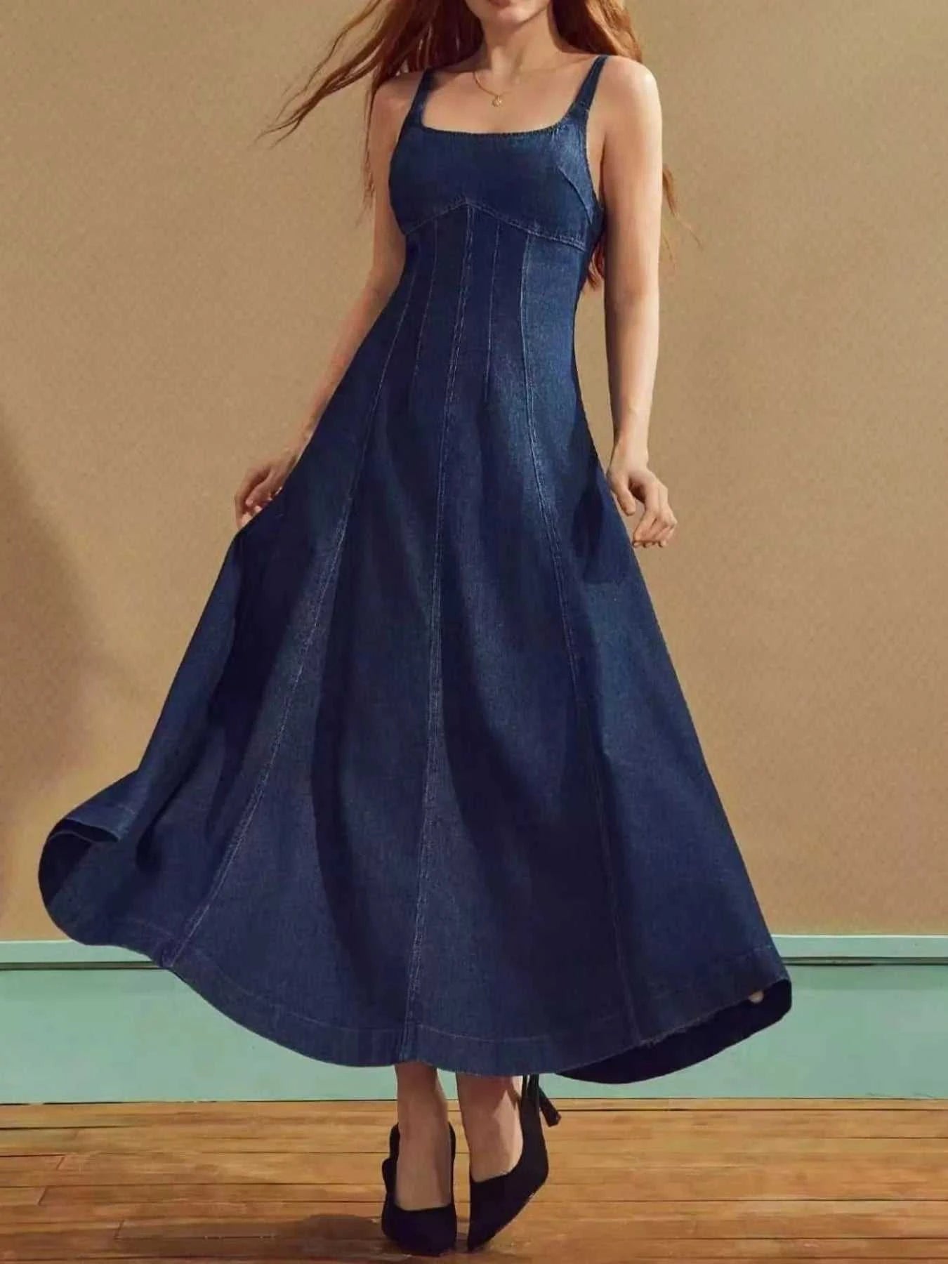 Square Neck A-Line Denim Dress - GlowUp Garments
