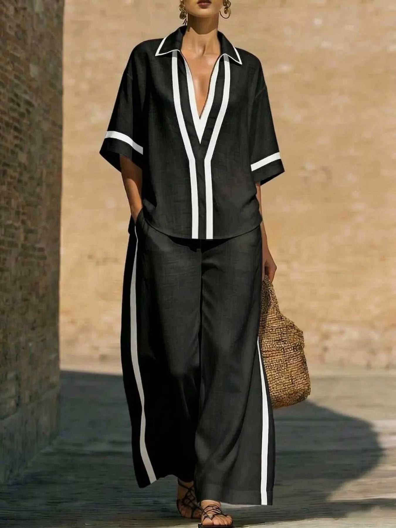 Full Size Contrast Trim Top and Pants Set Plus Size - GlowUp Garments