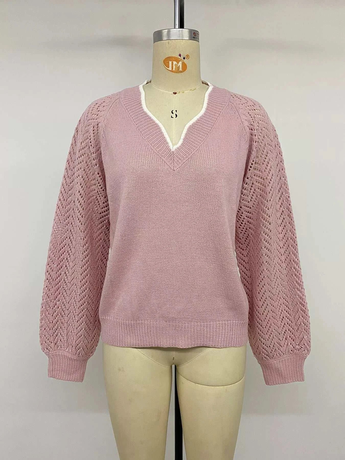 V-Neck Openwork Long Sleeve Sweater - GlowUp Garments