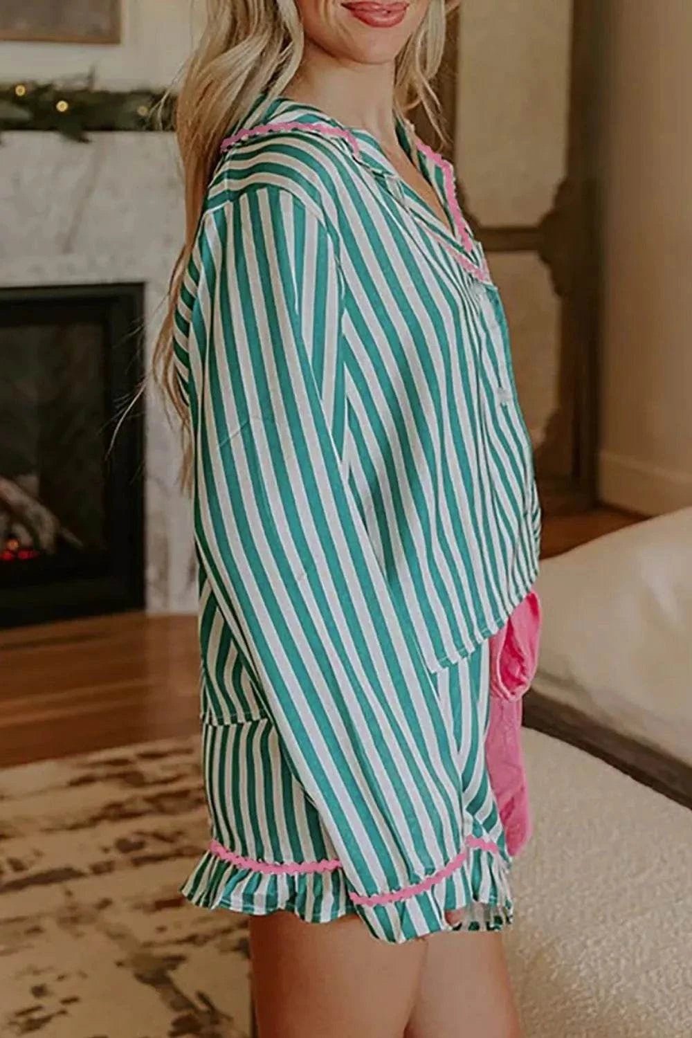 Stripe Contrast Ricrac Trim Long Sleeve Shirt Drawstring Ruffled Pajama Short Set - GlowUp Garments
