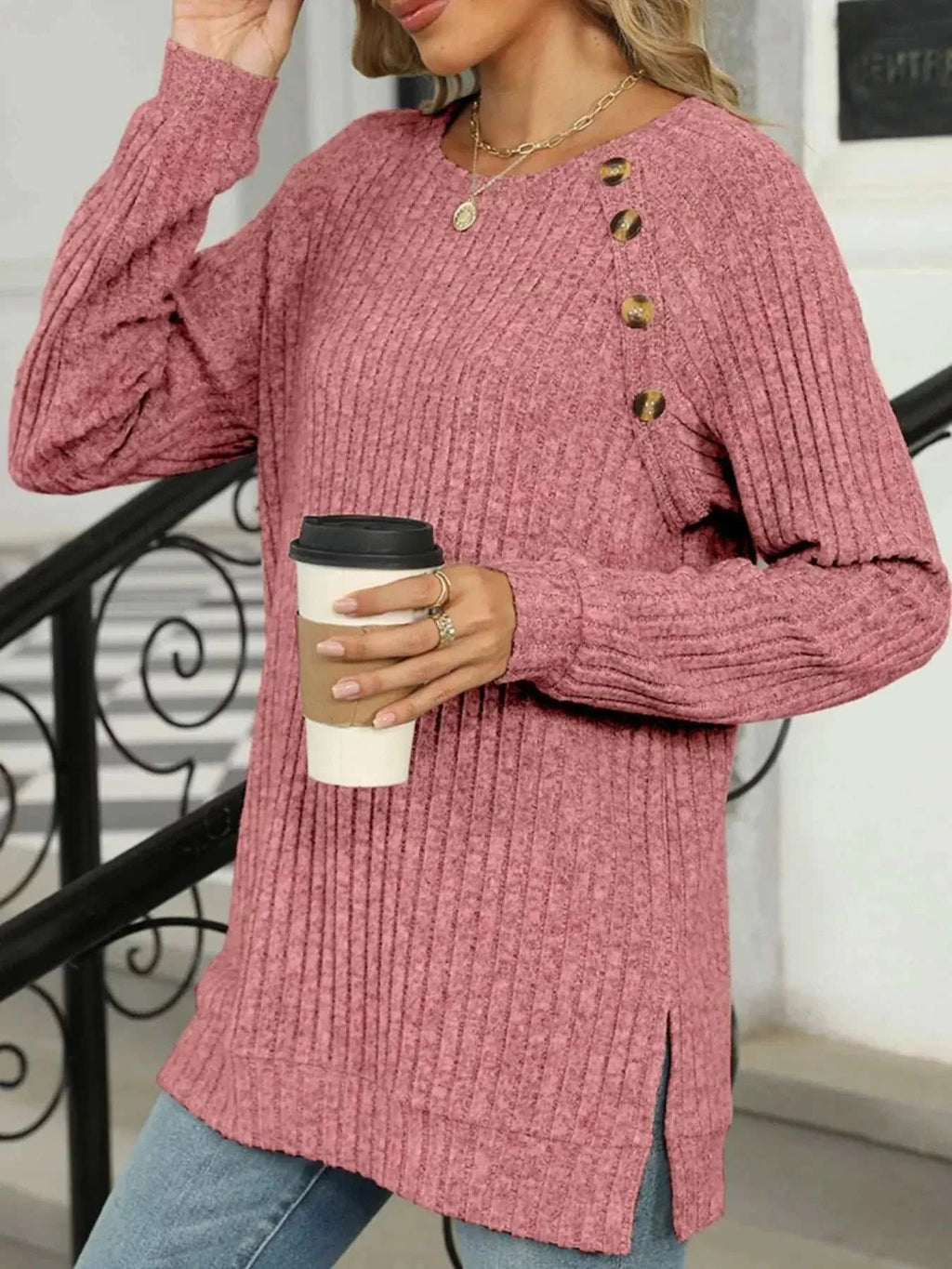 Round Neck Side Slit Ribbed Knit Top with Asymmetric Button Detail - GlowUp Garments
