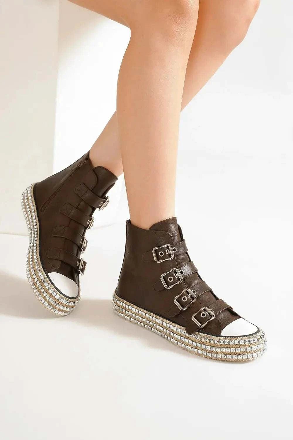 Beast Fashion Multi-Buckle Straps Studded Platform Sneakers - GlowUp Garments