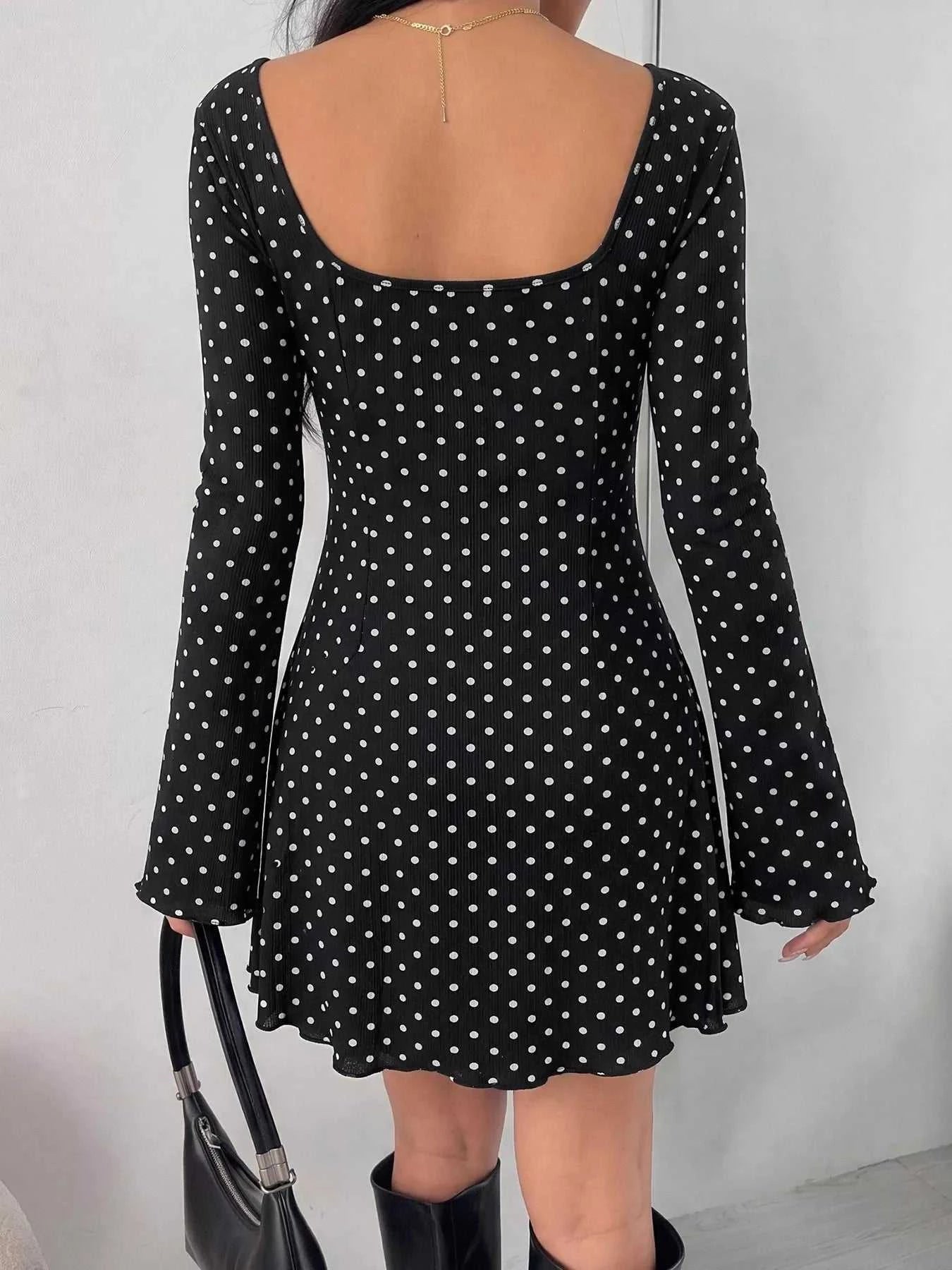Polka Dot Lace Trimmed V-Neck Mini Dress - GlowUp Garments