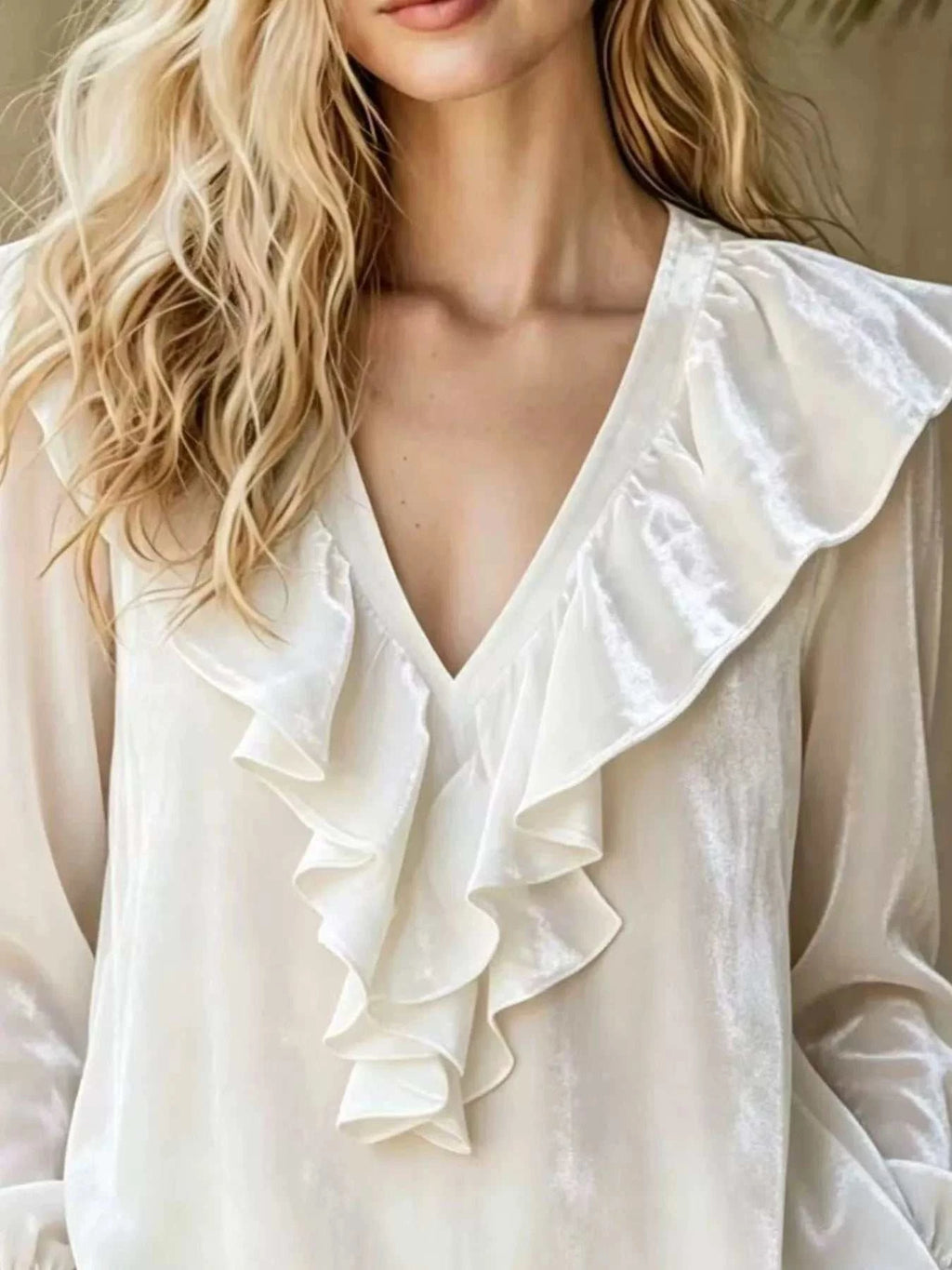 Full Size Ruffled V-Neck Long Sleeve Blouse Plus Size - GlowUp Garments