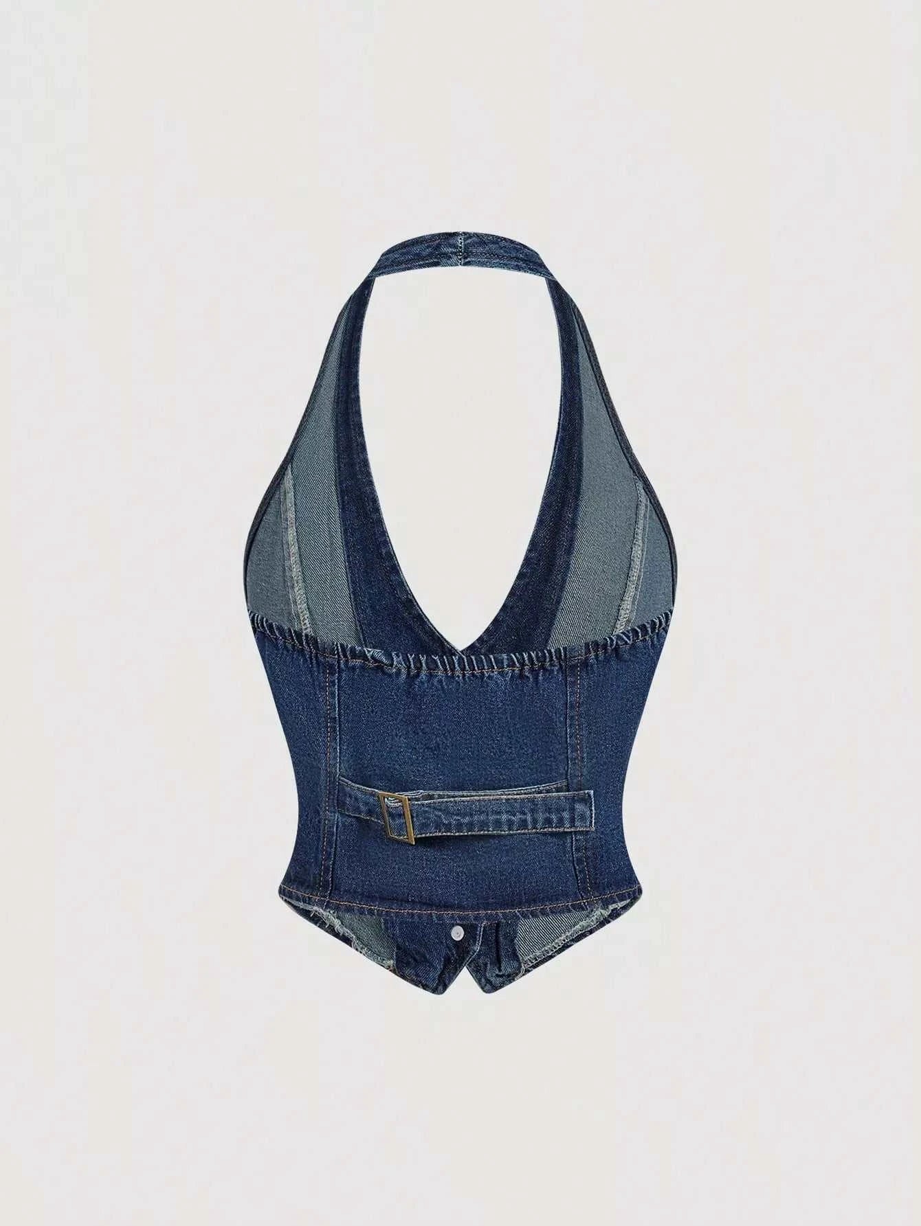 Halter Neck Denim Vest and Wide-Leg Jeans Set - GlowUp Garments